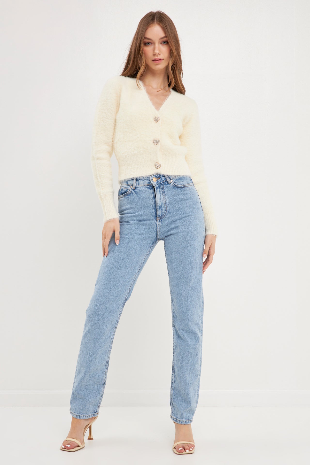 ENGLISH FACTORY - Feathered Plush Heart Buttoned Cardigan - SWEATERS & KNITS available at Objectrare