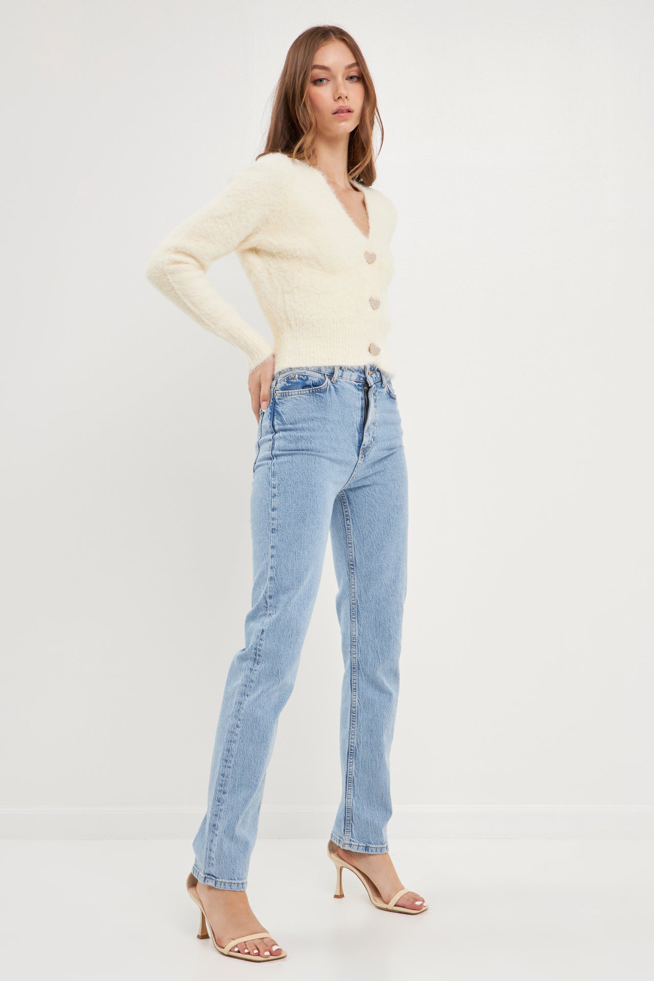 ENGLISH FACTORY - Feathered Plush Heart Buttoned Cardigan - SWEATERS & KNITS available at Objectrare