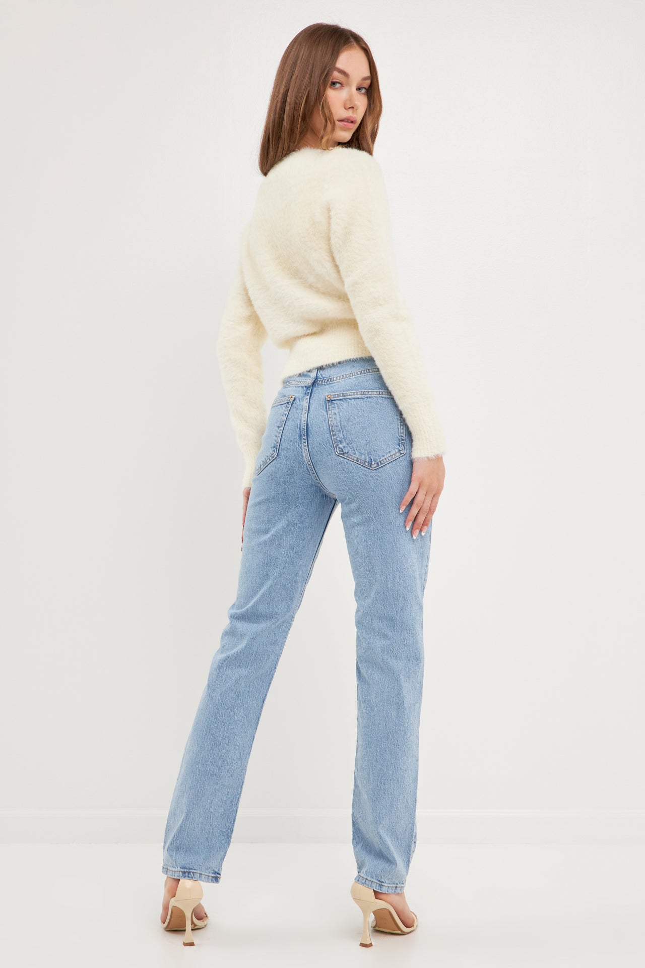 ENGLISH FACTORY - Feathered Plush Heart Buttoned Cardigan - SWEATERS & KNITS available at Objectrare