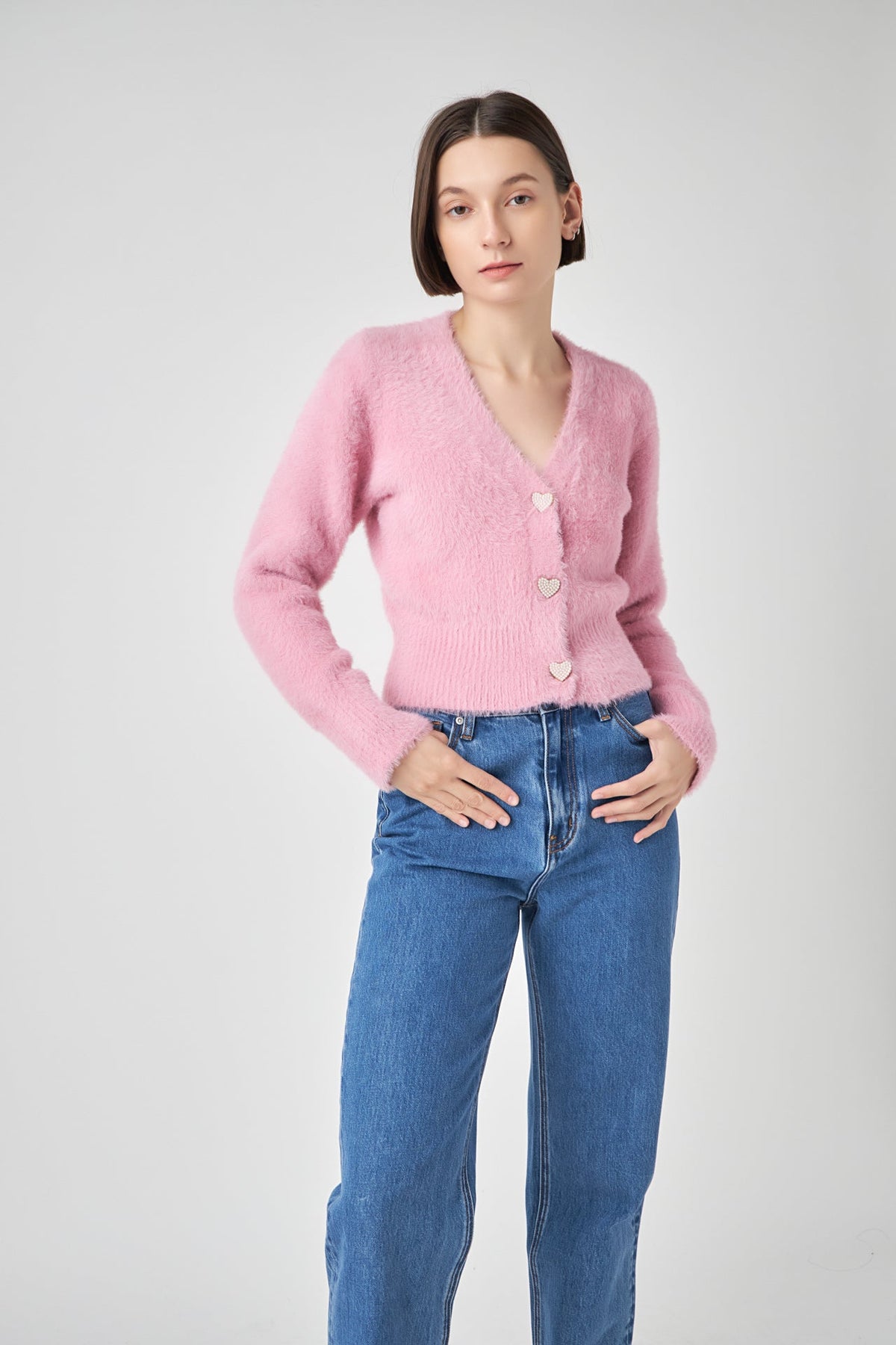 ENGLISH FACTORY - Feathered Plush Heart Buttoned Cardigan - SWEATERS & KNITS available at Objectrare
