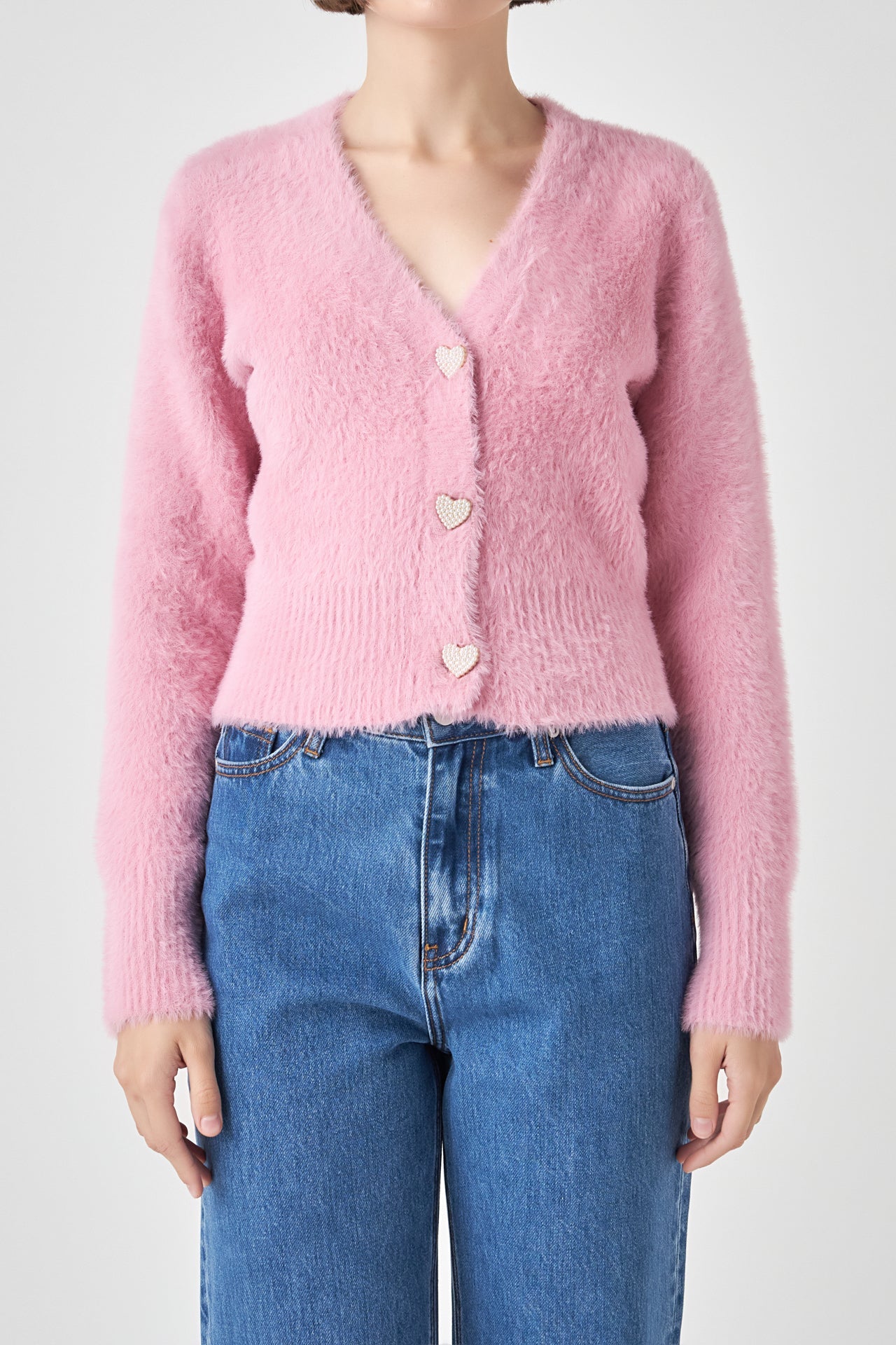 ENGLISH FACTORY - Feathered Plush Heart Buttoned Cardigan - SWEATERS & KNITS available at Objectrare