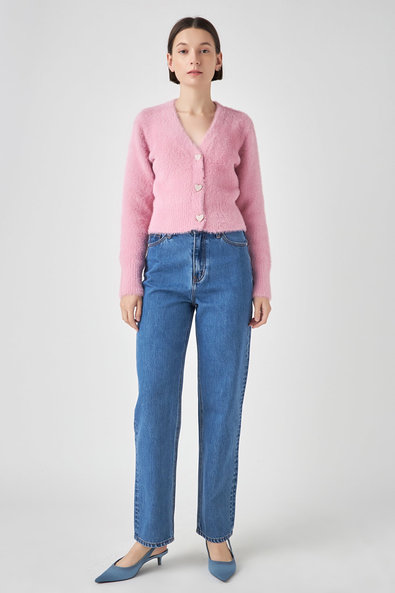 ENGLISH FACTORY - Feathered Plush Heart Buttoned Cardigan - SWEATERS & KNITS available at Objectrare