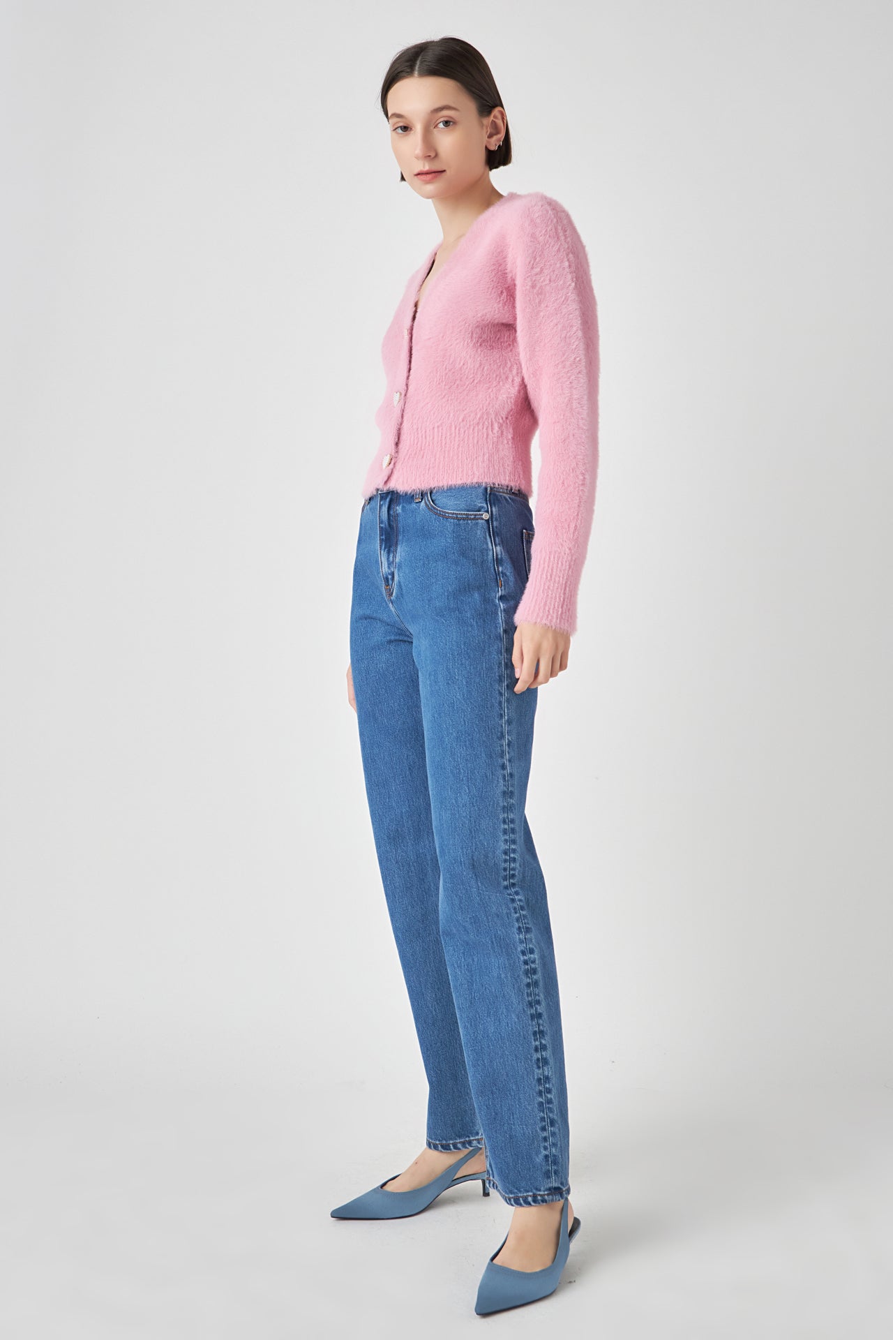 ENGLISH FACTORY - Feathered Plush Heart Buttoned Cardigan - SWEATERS & KNITS available at Objectrare