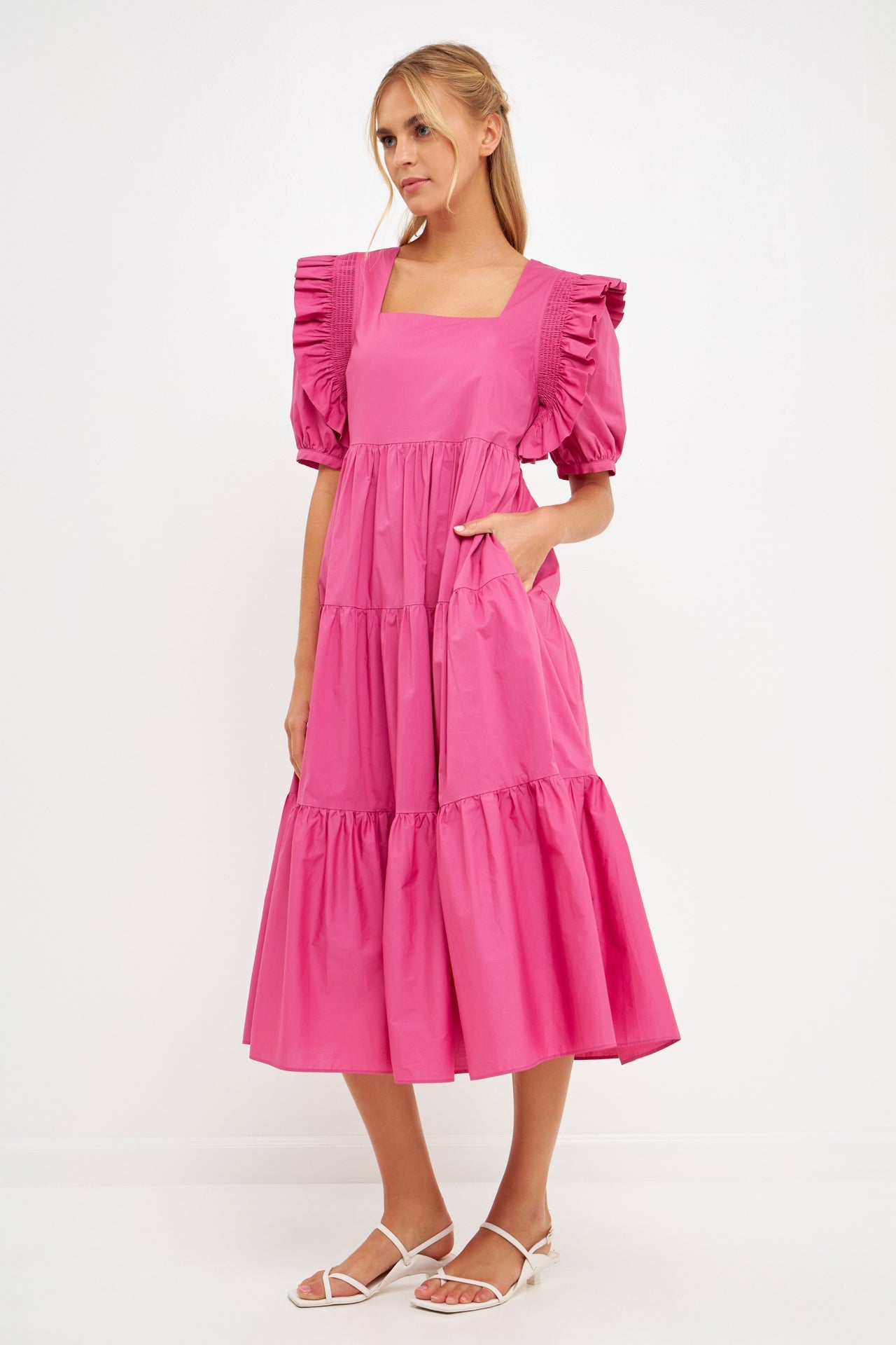 ENGLISH FACTORY - Square Neck Ruffle Smocked Detail Midi Dress - DRESSES available at Objectrare