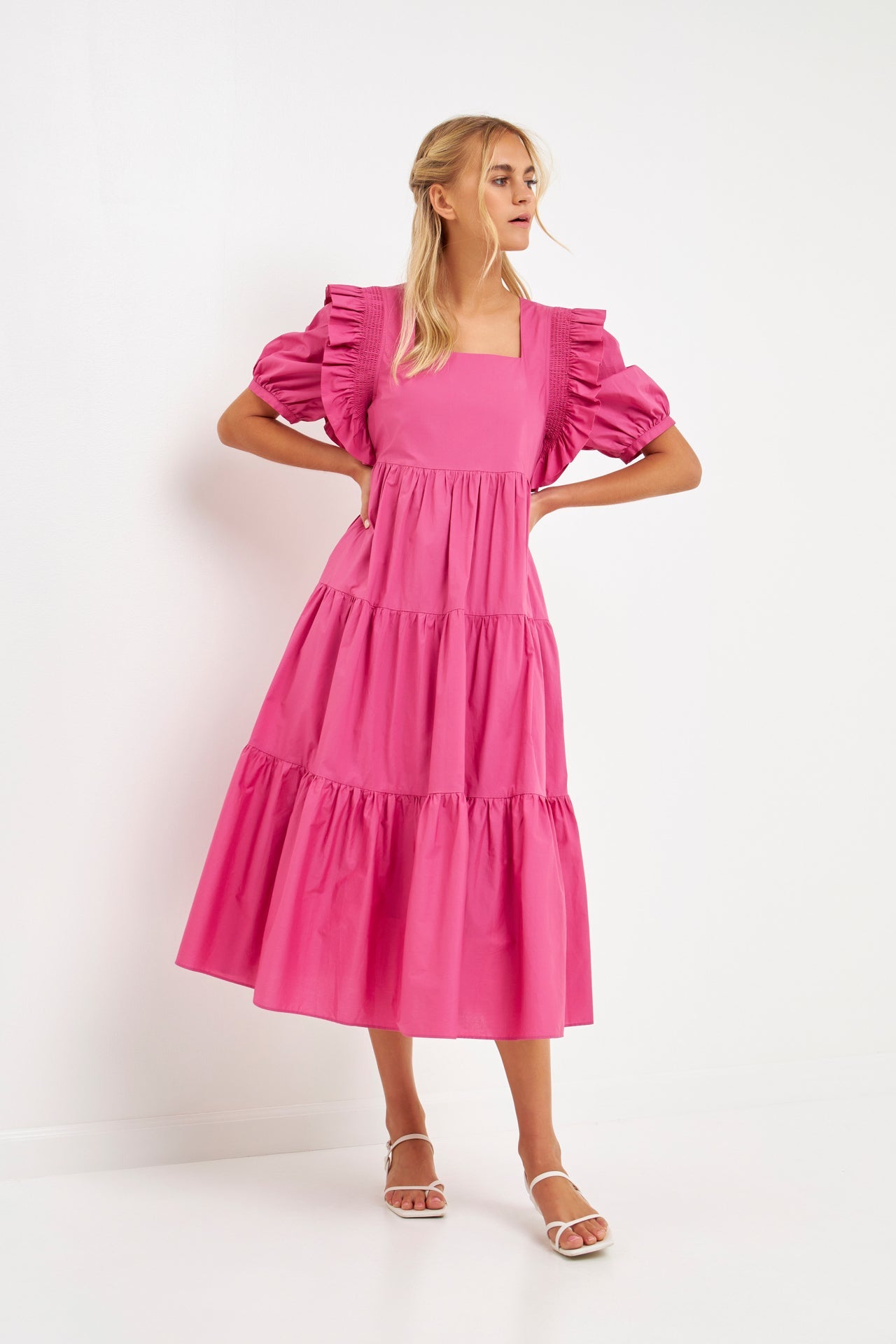 ENGLISH FACTORY - Square Neck Ruffle Smocked Detail Midi Dress - DRESSES available at Objectrare