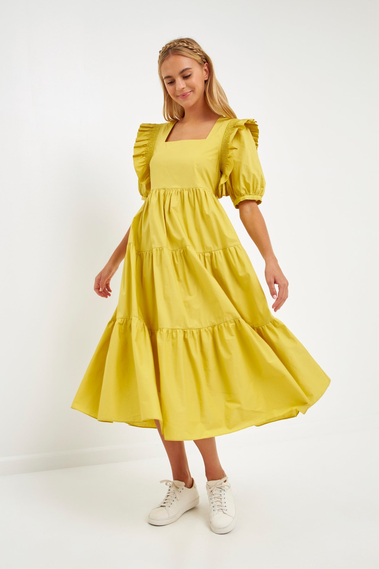 ENGLISH FACTORY - Square Neck Ruffle Smocked Detail Midi Dress - DRESSES available at Objectrare
