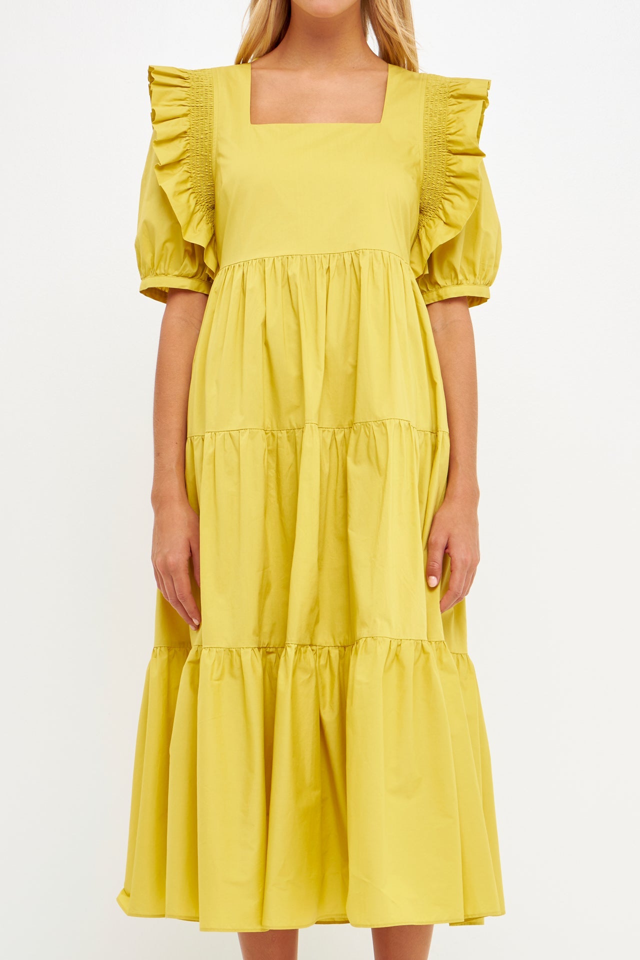 ENGLISH FACTORY - Square Neck Ruffle Smocked Detail Midi Dress - DRESSES available at Objectrare