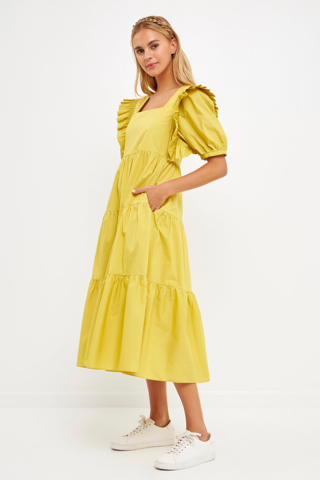 ENGLISH FACTORY - Square Neck Ruffle Smocked Detail Midi Dress - DRESSES available at Objectrare