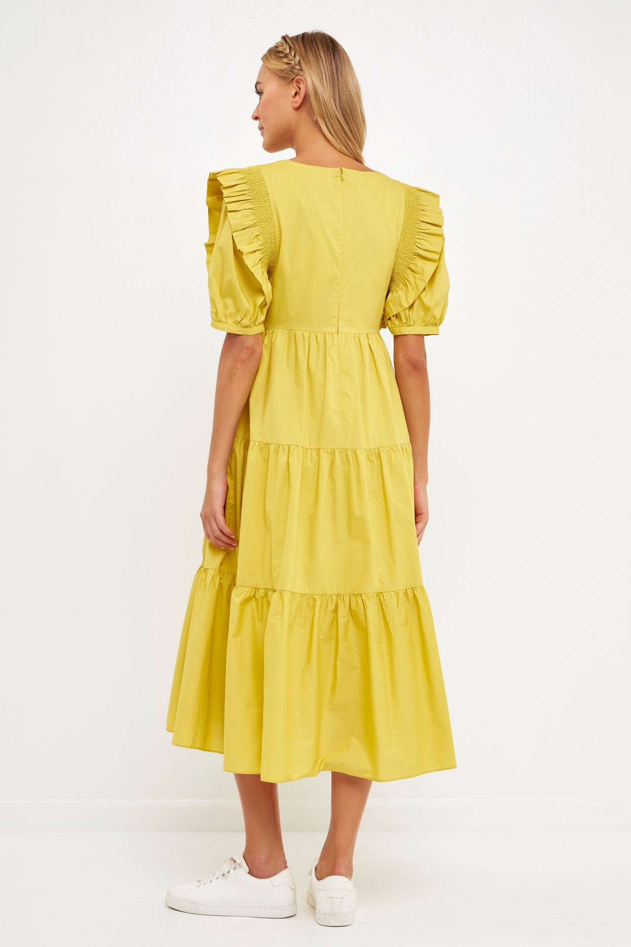 ENGLISH FACTORY - Square Neck Ruffle Smocked Detail Midi Dress - DRESSES available at Objectrare