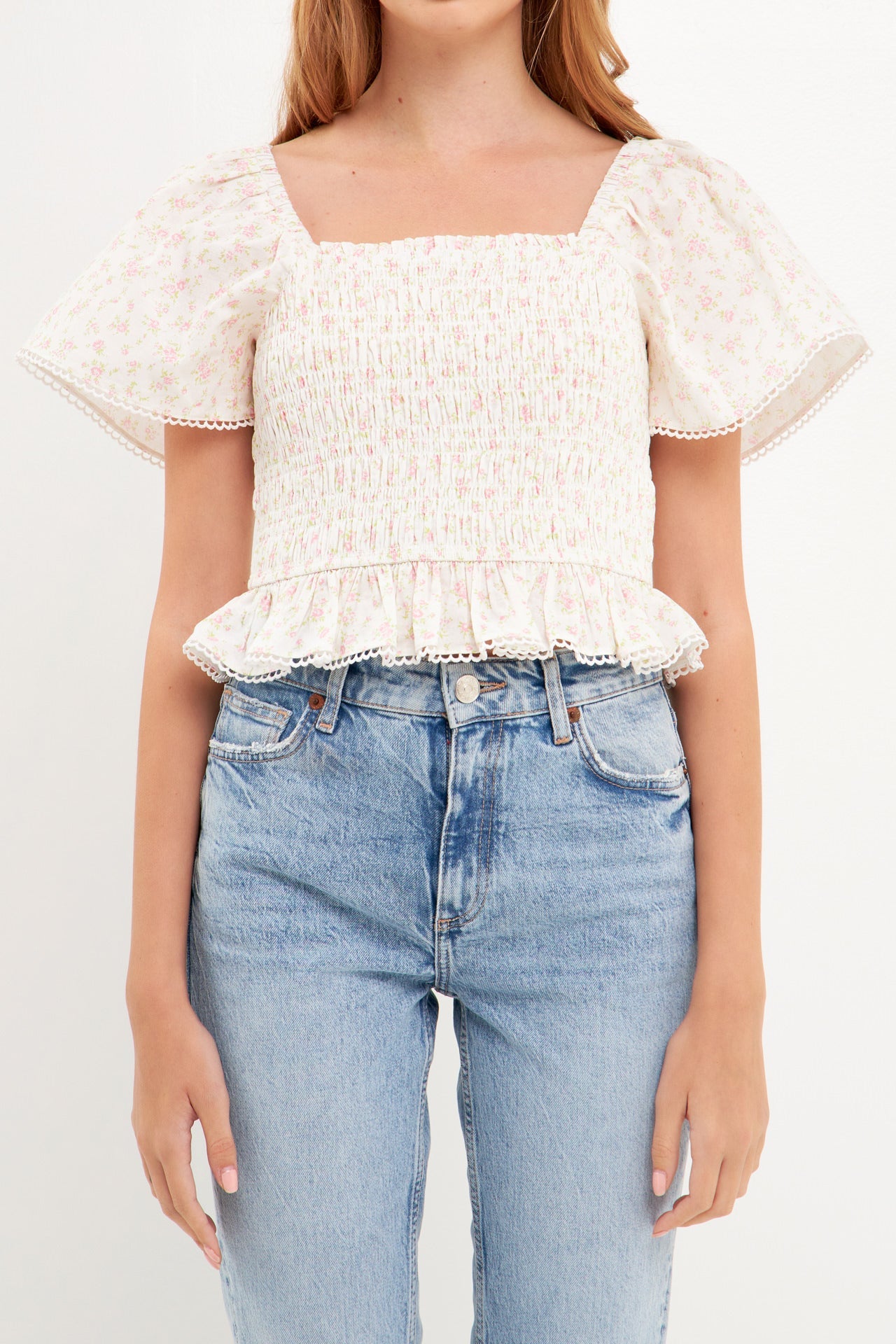 FREE THE ROSES - Floral Linen Smocked Top with Lace Trim - TOPS available at Objectrare