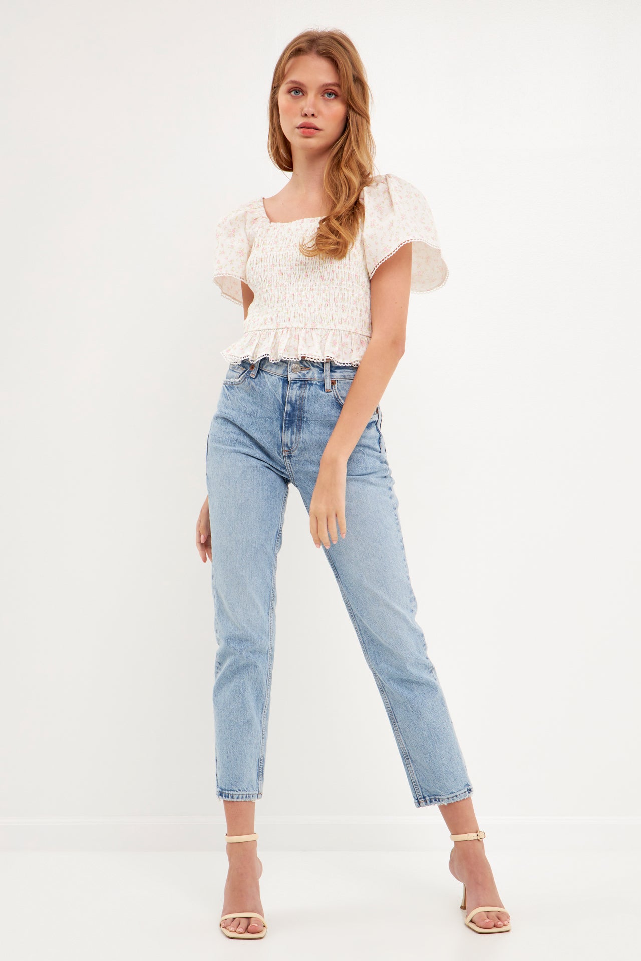 FREE THE ROSES - Floral Linen Smocked Top with Lace Trim - TOPS available at Objectrare