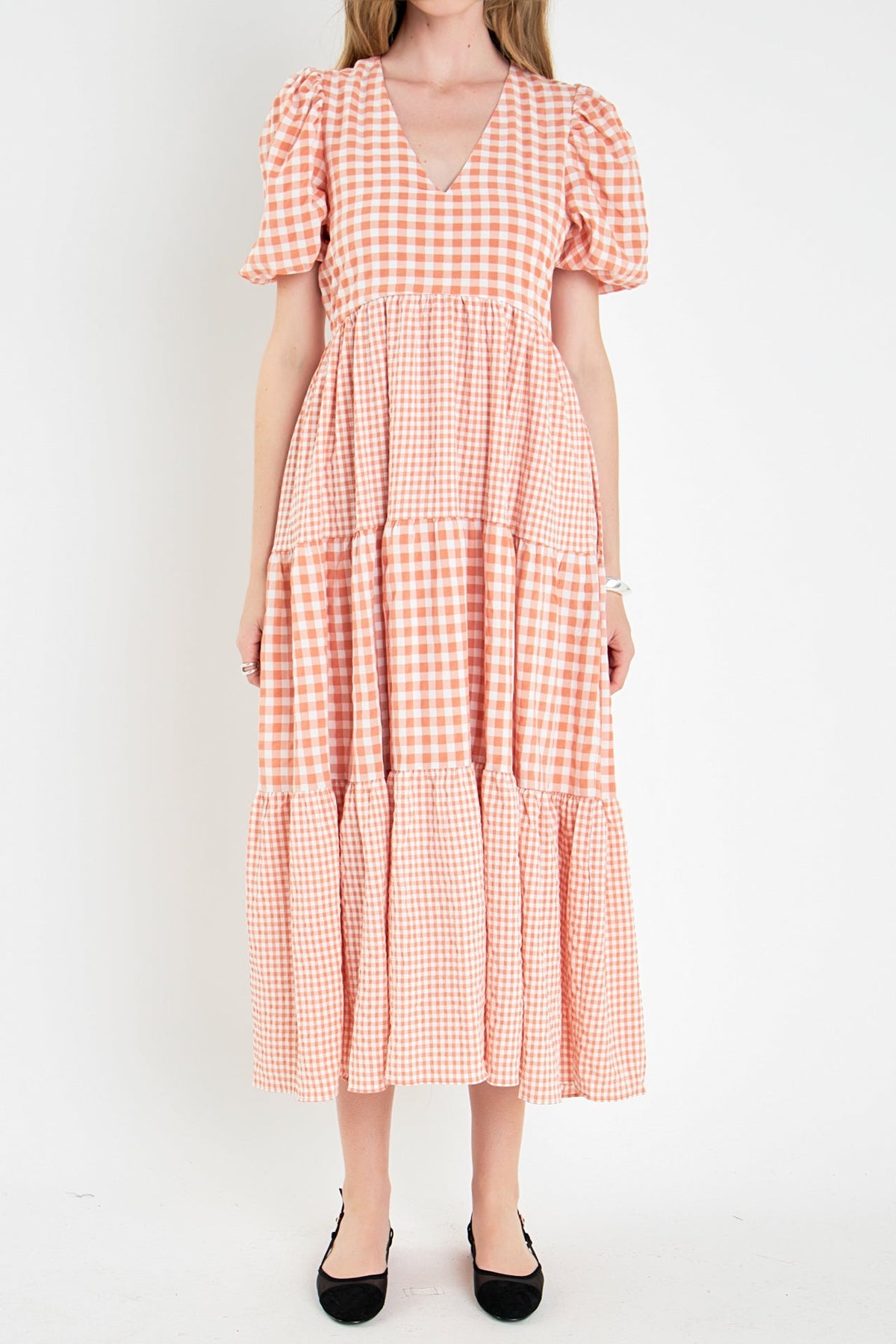 Gingham Check Combination Midi Dress
