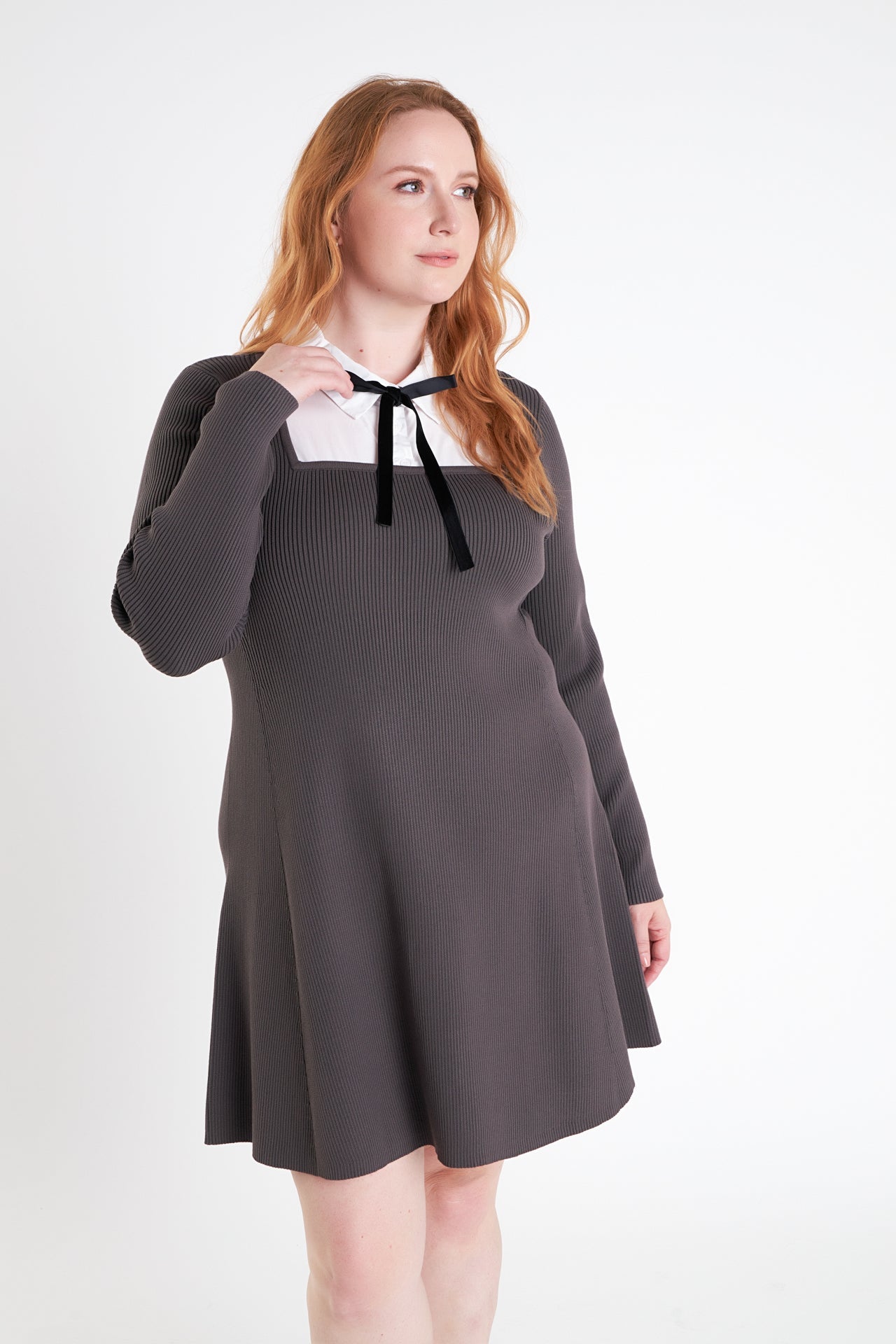 ENGLISH FACTORY - Plus Size Mixed Media Fit and Flare Sweater Dress - DRESSES available at Objectrare
