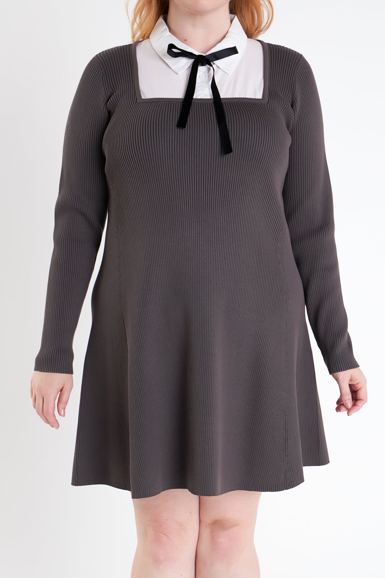ENGLISH FACTORY - Plus Size Mixed Media Fit and Flare Sweater Dress - DRESSES available at Objectrare