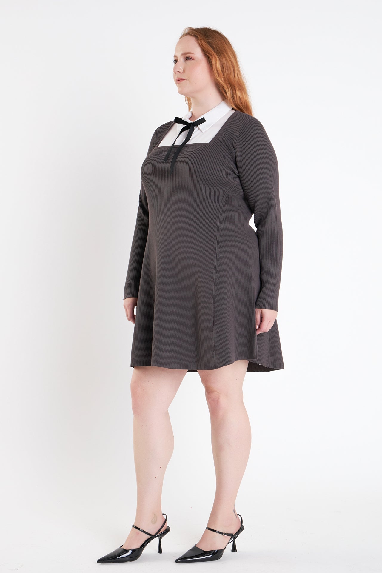ENGLISH FACTORY - Plus Size Mixed Media Fit and Flare Sweater Dress - DRESSES available at Objectrare