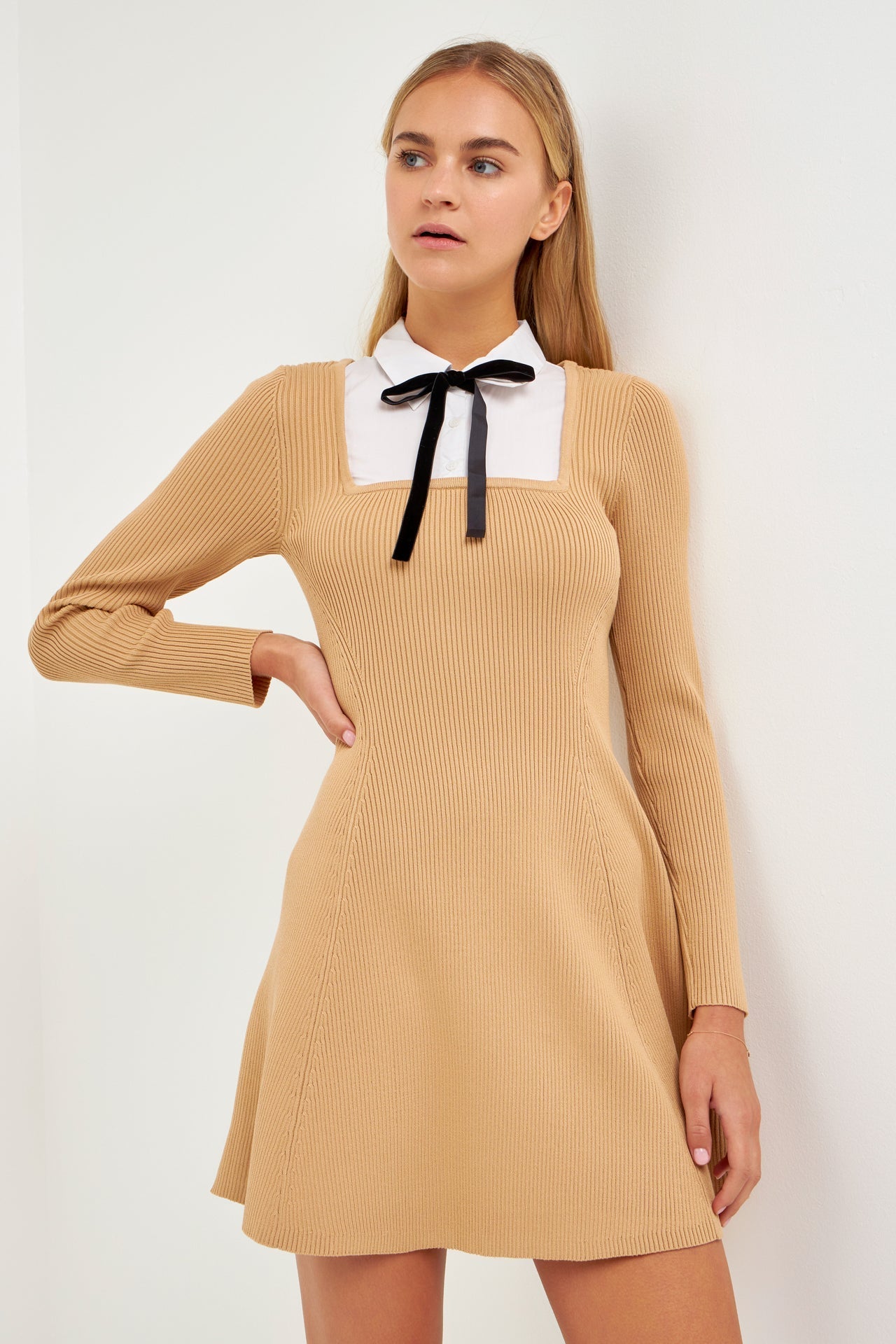 ENGLISH FACTORY - Mixed Media Fit and Flare Sweater Dress - DRESSES available at Objectrare