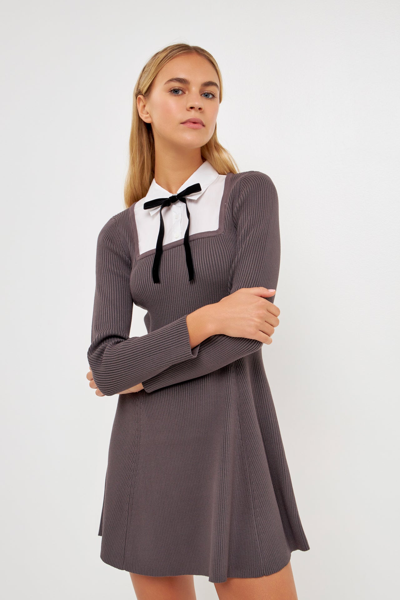 ENGLISH FACTORY - Mixed Media Fit and Flare Sweater Dress - DRESSES available at Objectrare