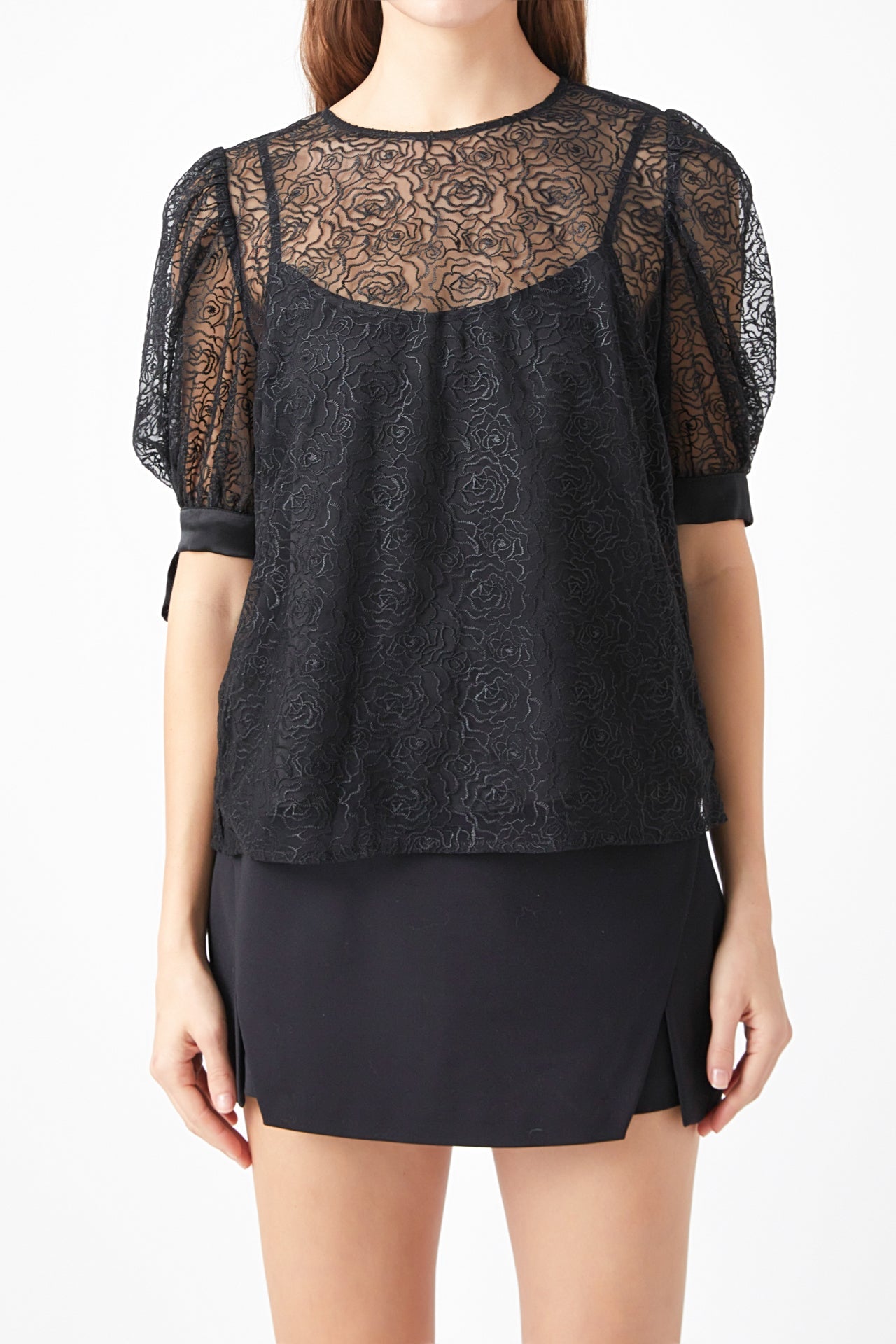 ENDLESS ROSE - Embroidered Puff Sleeve Satin Bow Top - TOPS available at Objectrare