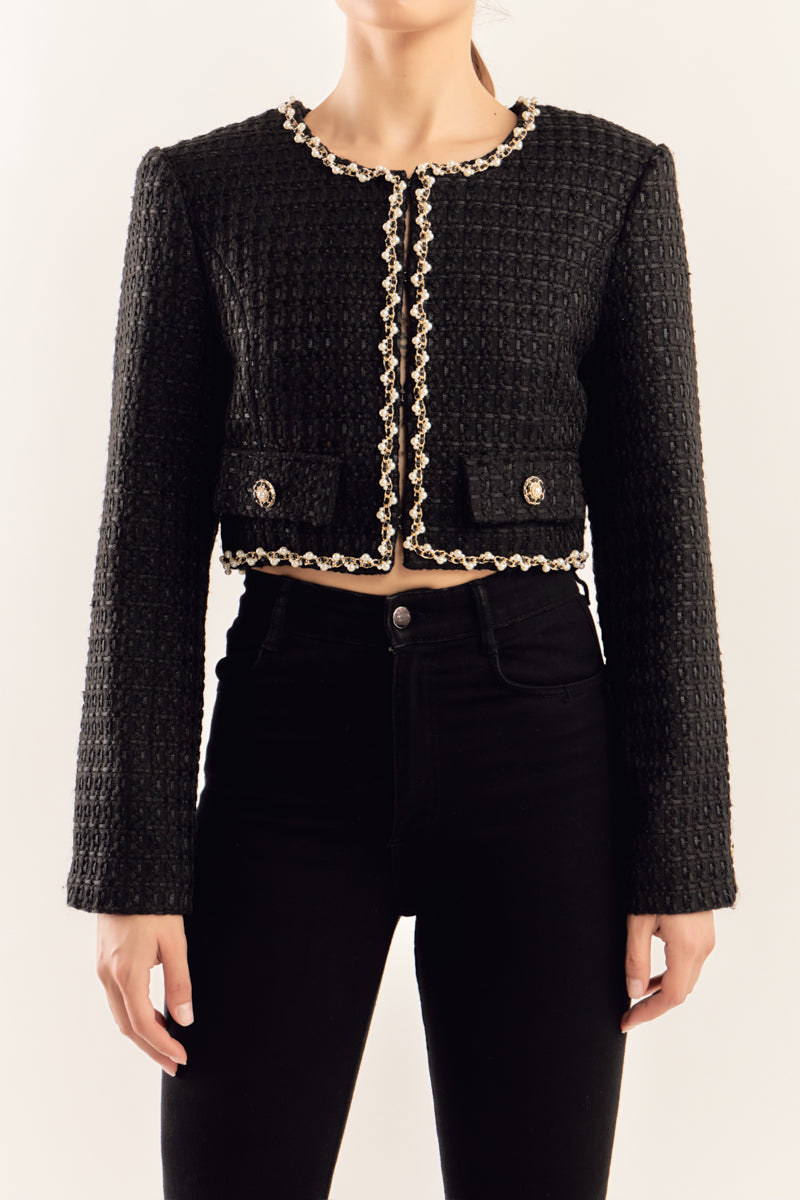 ENDLESS ROSE - Pearl Chain Trim Cropped Tweed Jacket - JACKETS available at Objectrare