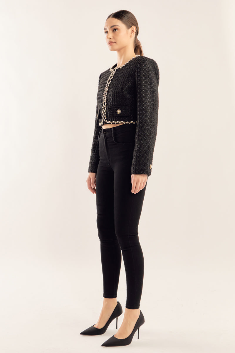 ENDLESS ROSE - Pearl Chain Trim Cropped Tweed Jacket - JACKETS available at Objectrare