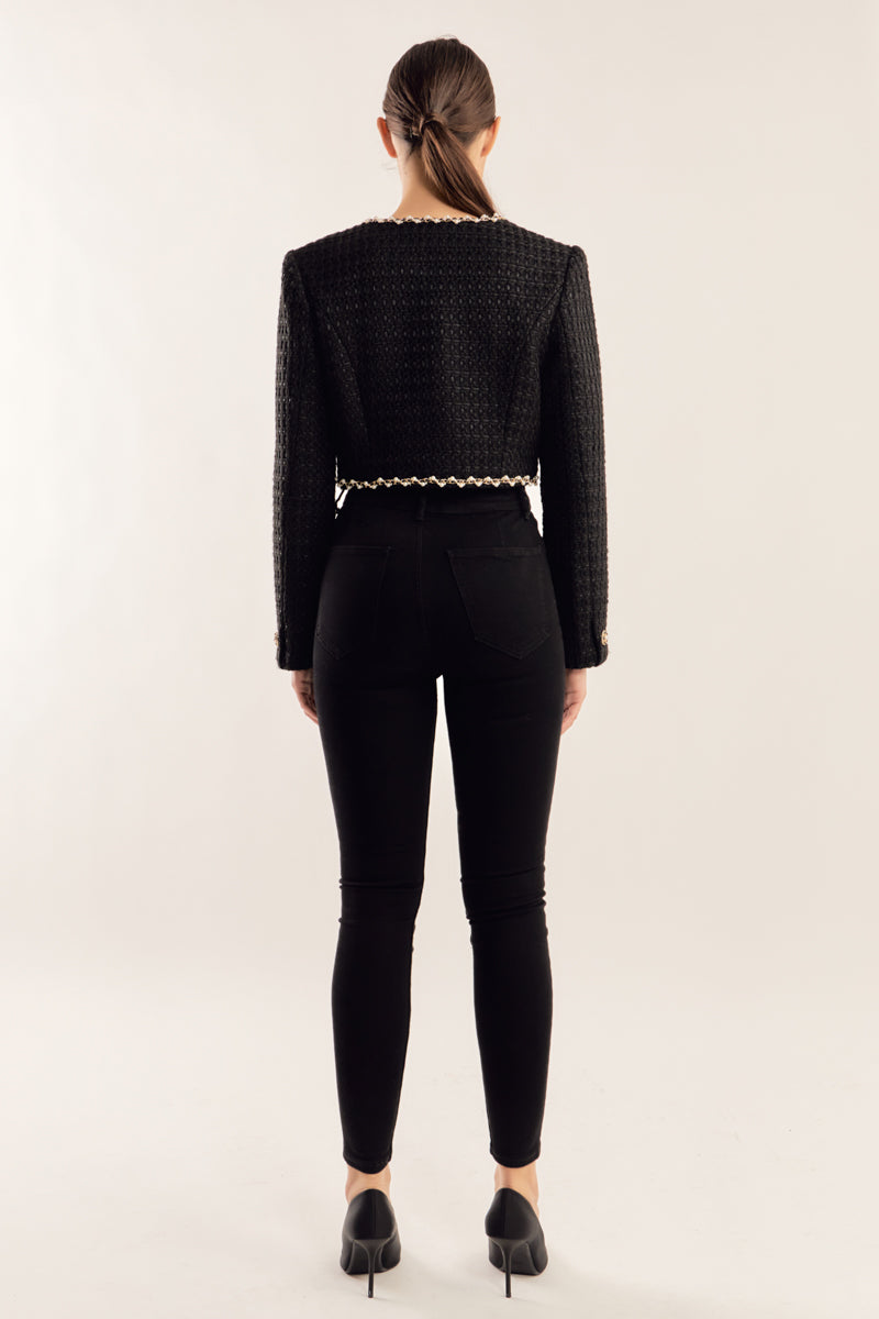 ENDLESS ROSE - Pearl Chain Trim Cropped Tweed Jacket - JACKETS available at Objectrare