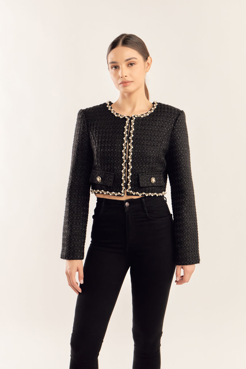 ENDLESS ROSE - Pearl Chain Trim Cropped Tweed Jacket - JACKETS available at Objectrare