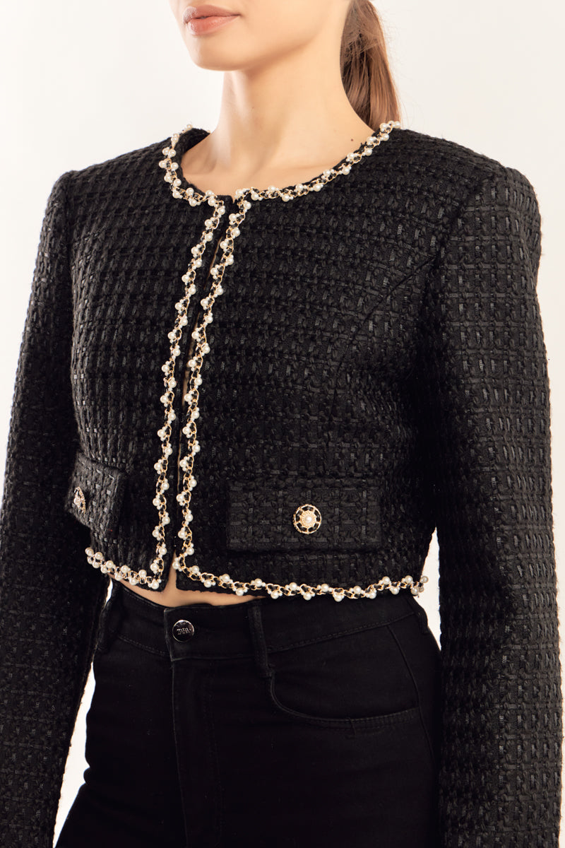 ENDLESS ROSE - Pearl Chain Trim Cropped Tweed Jacket - JACKETS available at Objectrare