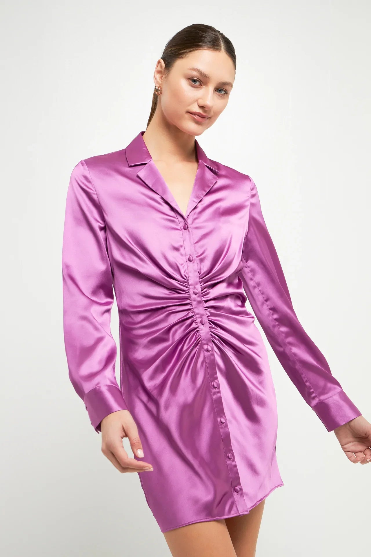 ENDLESS ROSE - Satin Ruched Long-Sleeve Mini Dress - DRESSES available at Objectrare