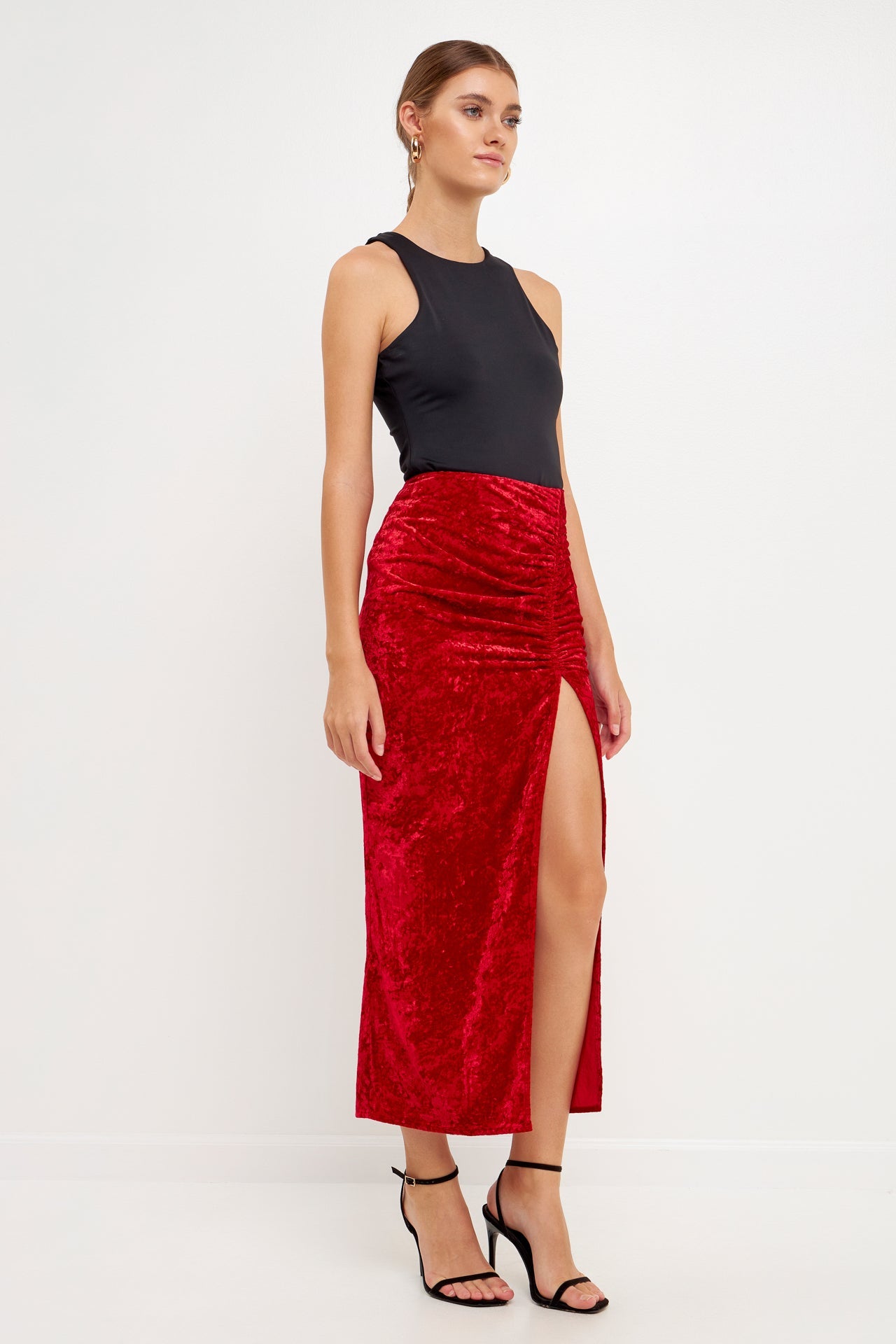 ENDLESS ROSE - Velvet Ruched Maxi Skirt - SKIRTS available at Objectrare