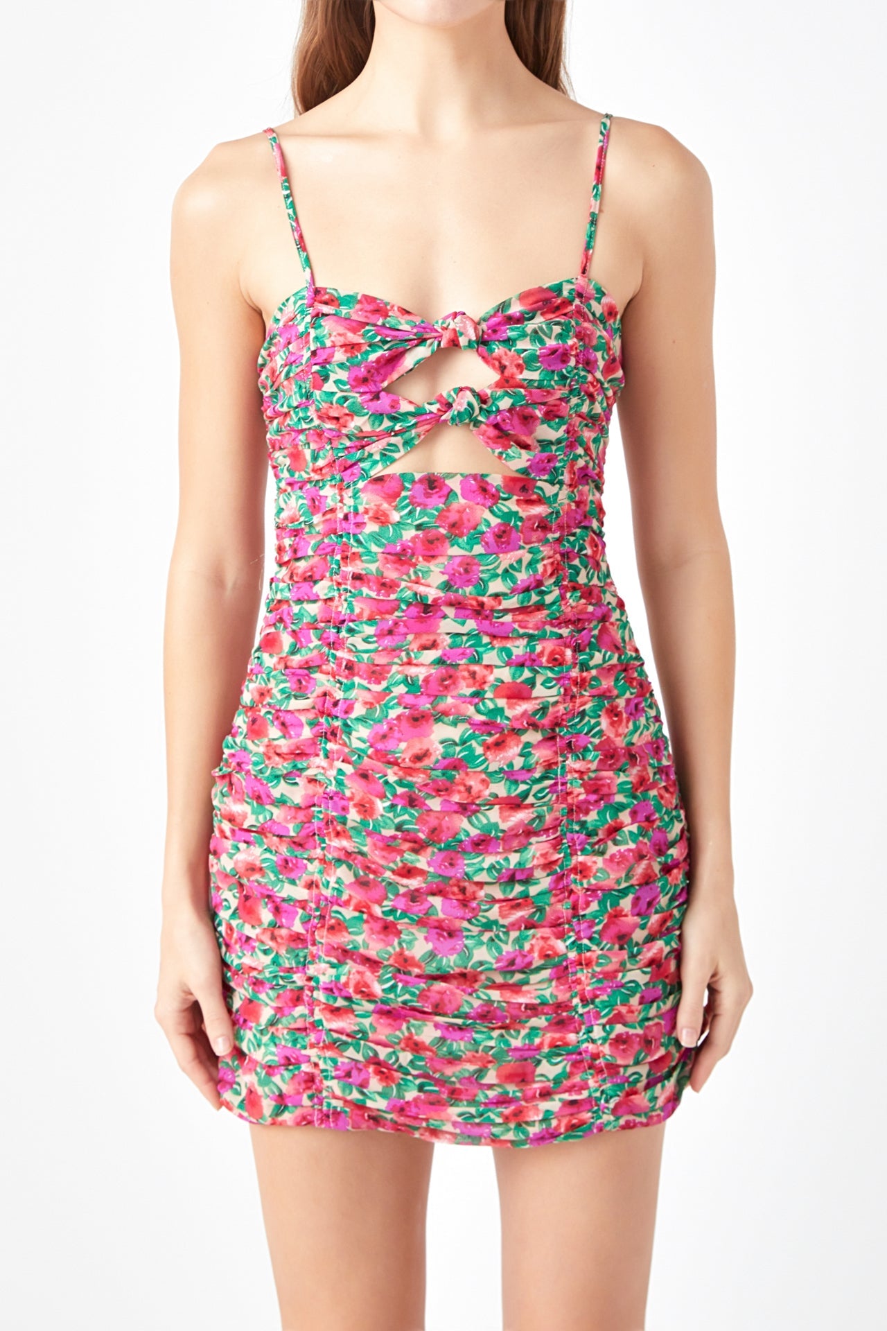 ENDLESS ROSE - Floral Double Knot Ruched Mini Dress - DRESSES available at Objectrare