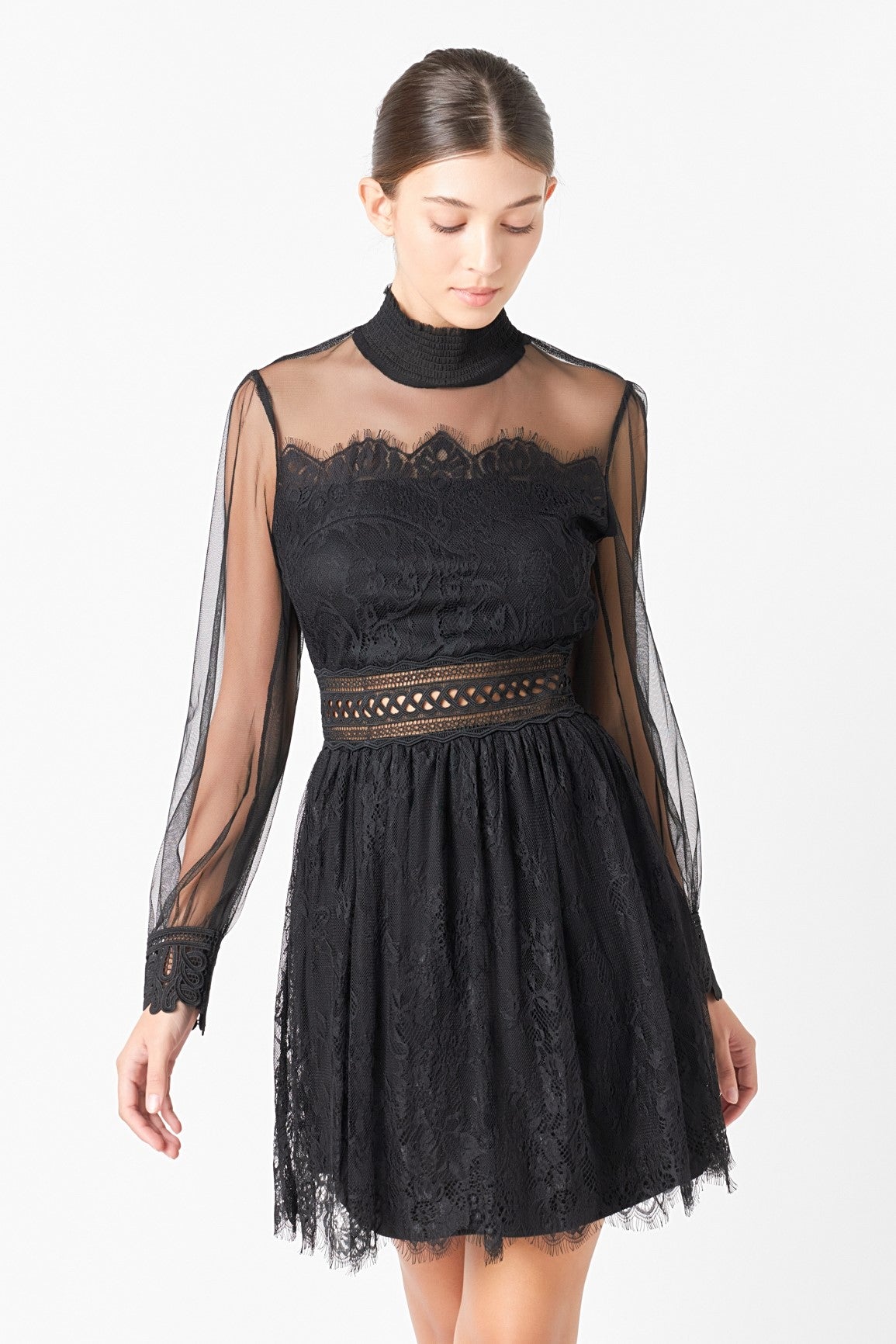 ENDLESS ROSE - Long Sleeve Lace Mini Dress - DRESSES available at Objectrare