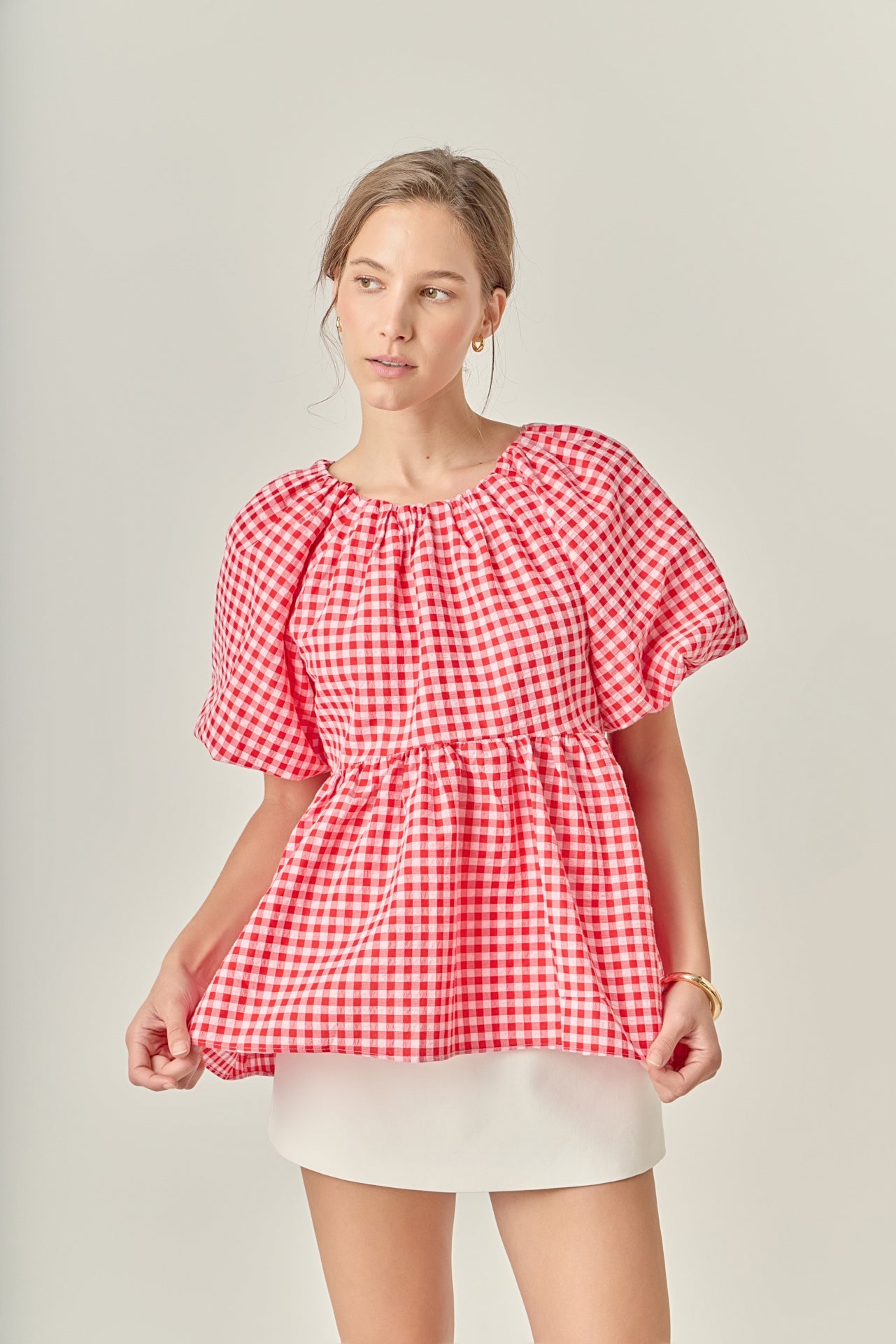 ENGLISH FACTORY - Gingham Neck Shirred Flowy Top - TOPS available at Objectrare