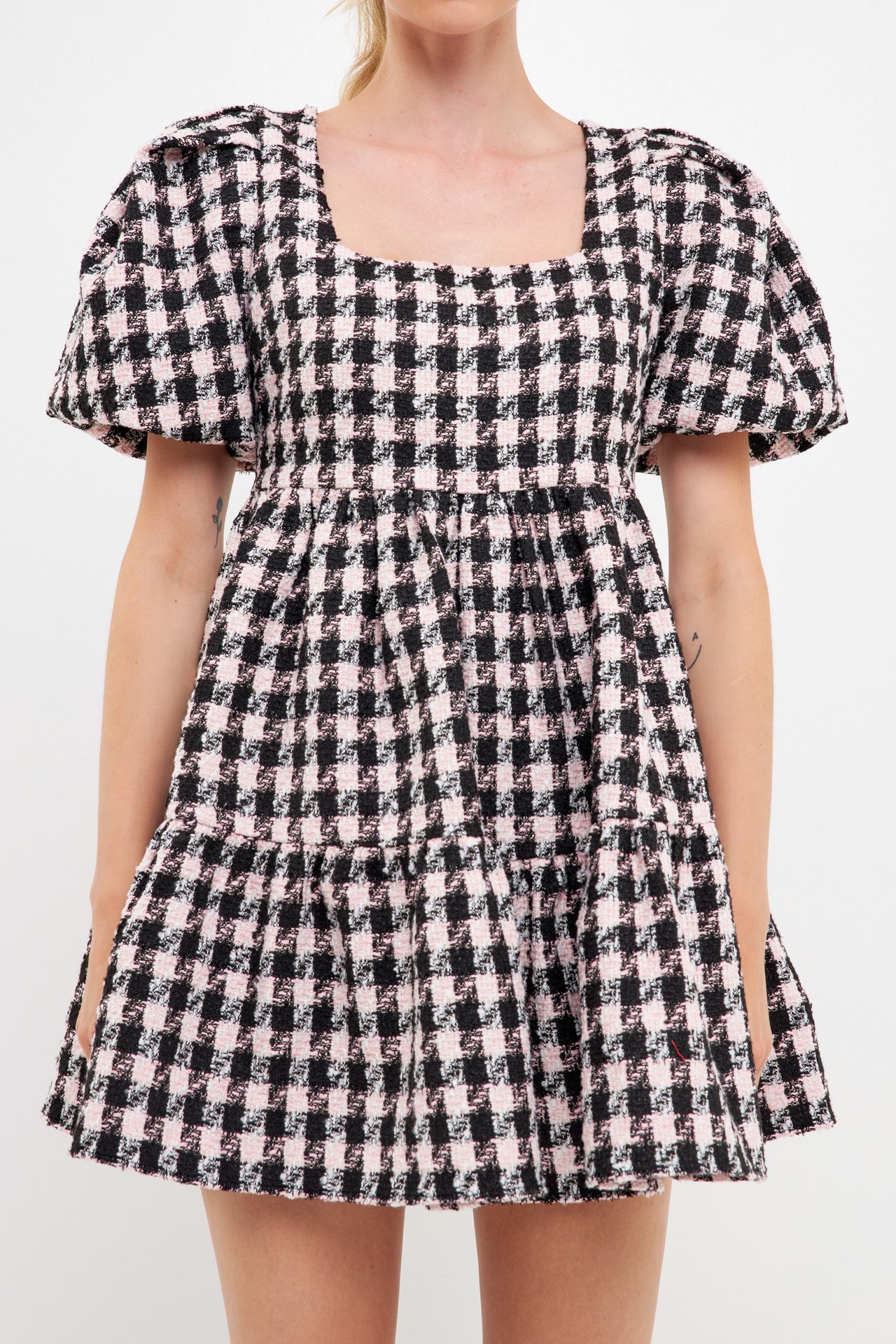 Multi Tweed Puff Sleeve Mini Dress
