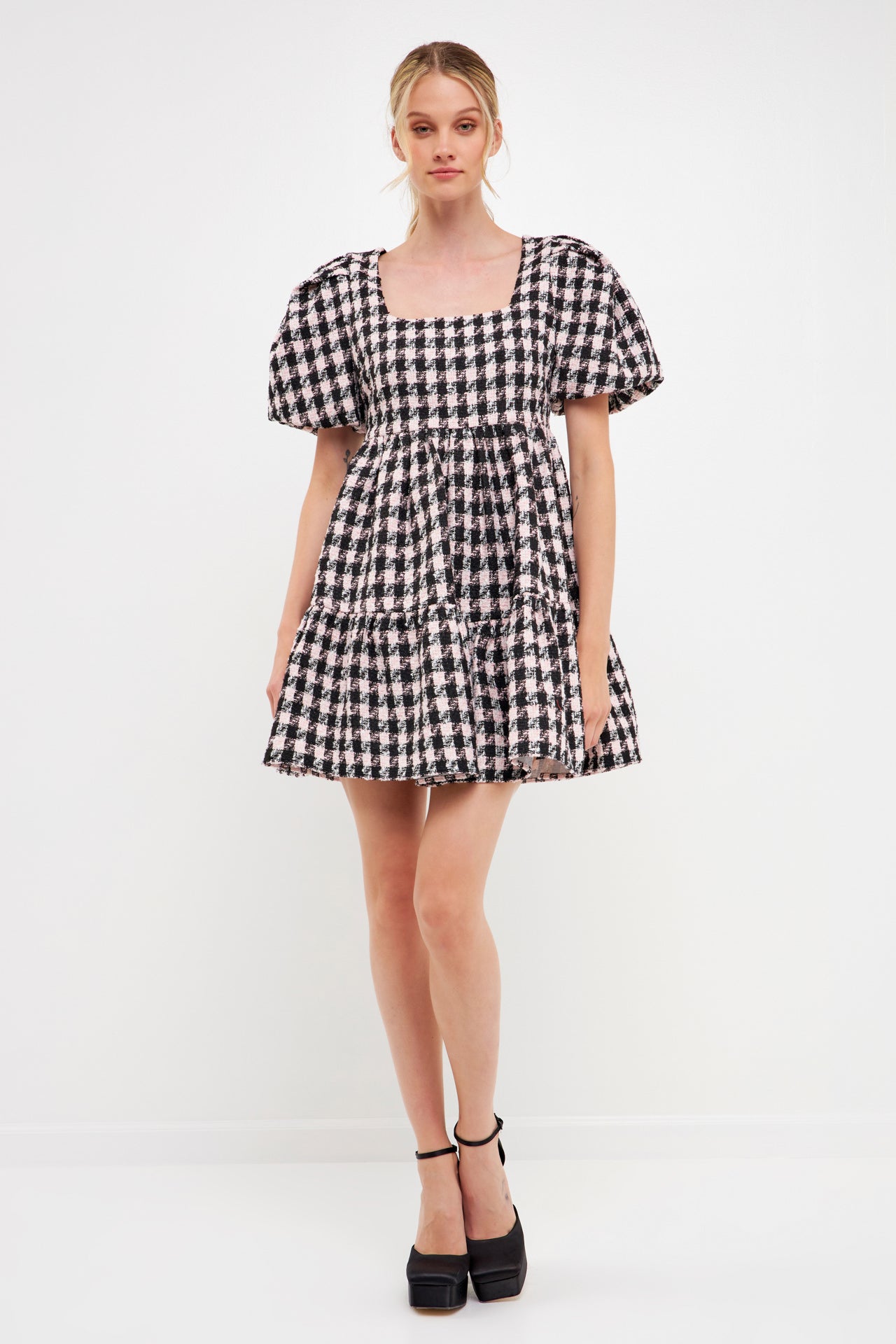 Multi Tweed Puff Sleeve Mini Dress