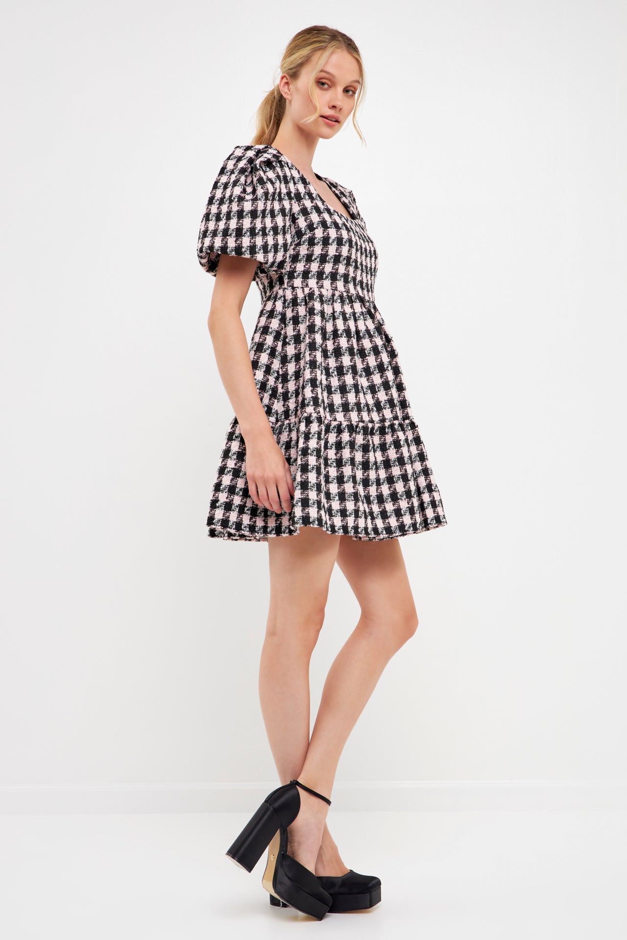 Multi Tweed Puff Sleeve Mini Dress