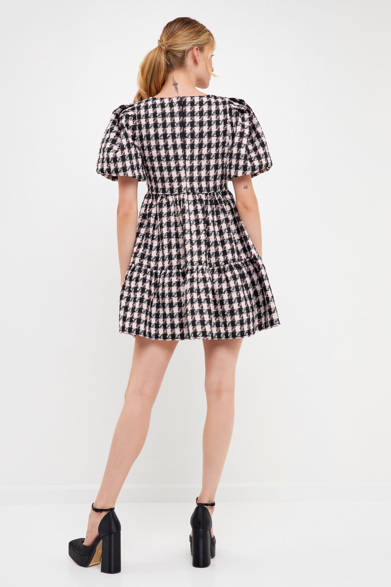 Multi Tweed Puff Sleeve Mini Dress