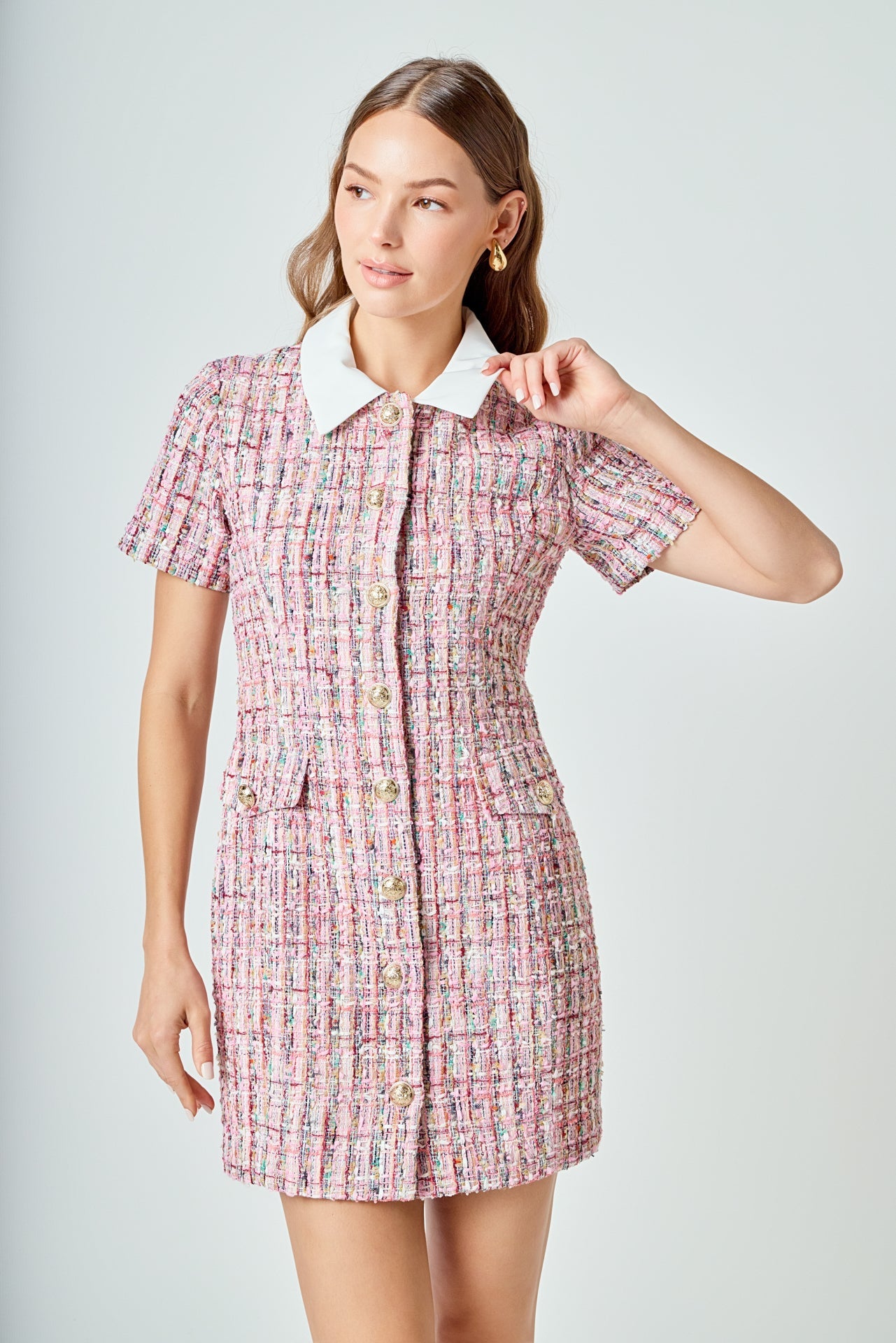 Multi Tweed Collared Short Sleeve Dress