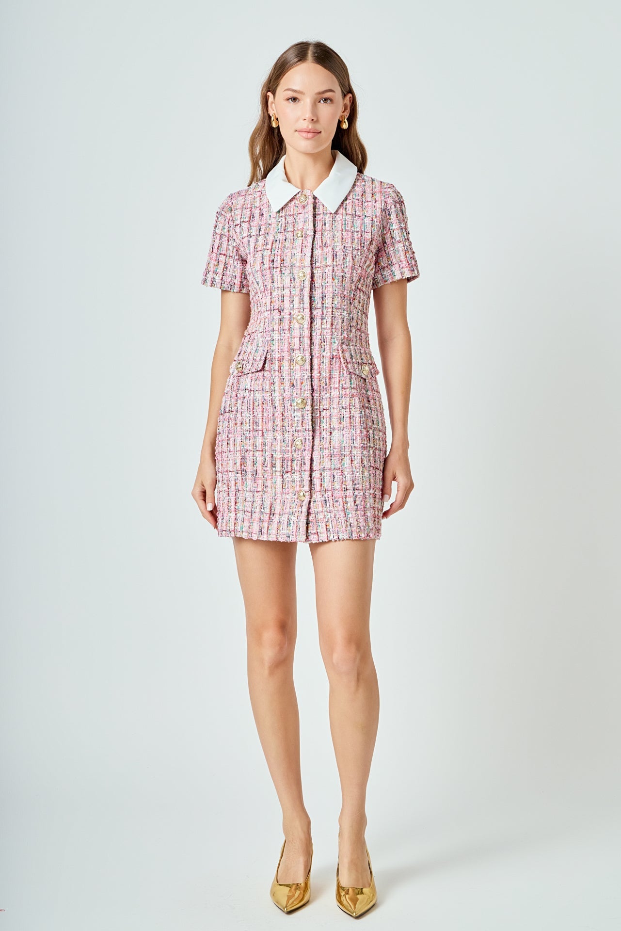 Multi Tweed Collared Short Sleeve Dress