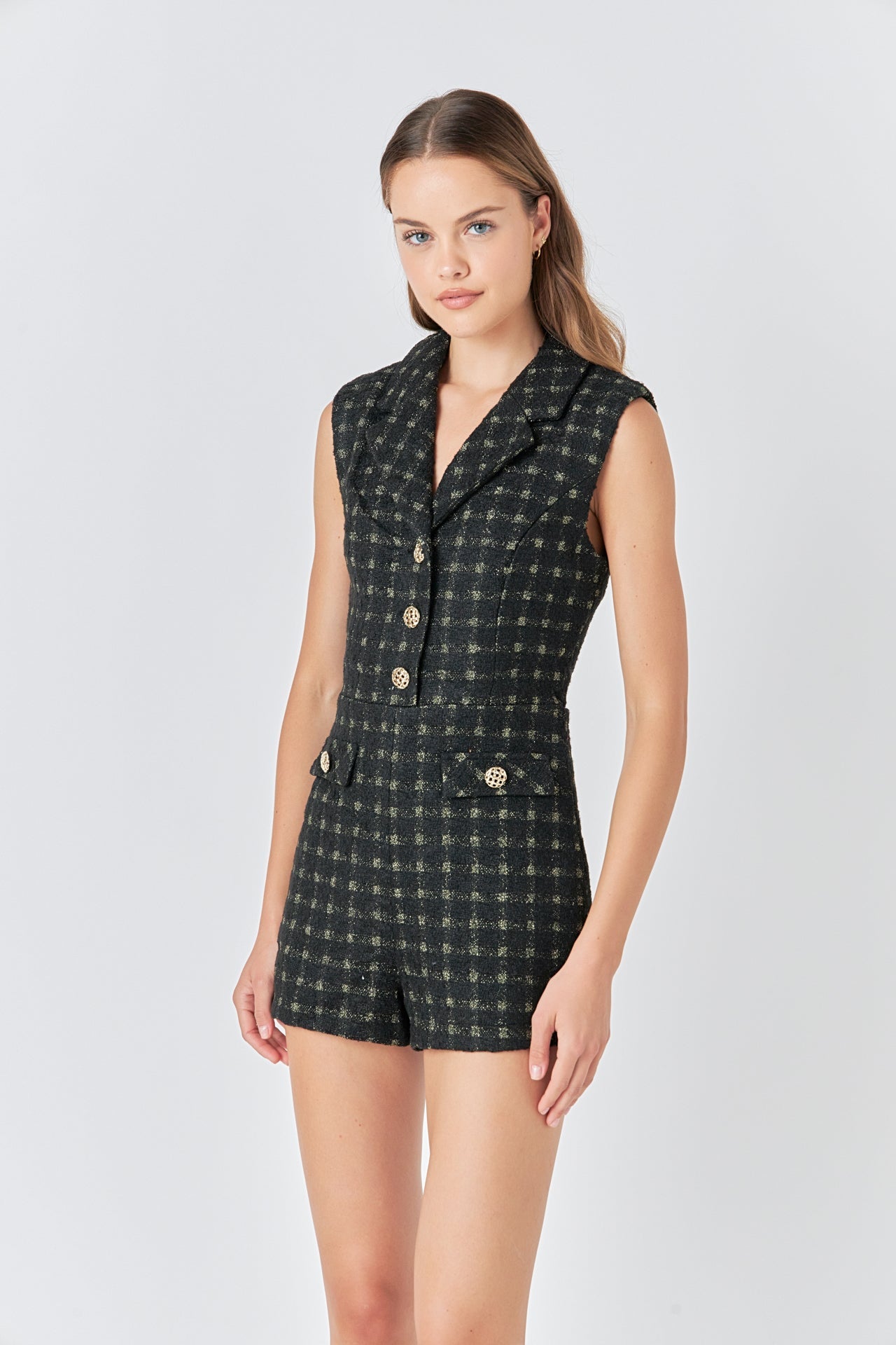 ENDLESS ROSE - Sleeveless Tweed Suited Romper - ROMPERS available at Objectrare