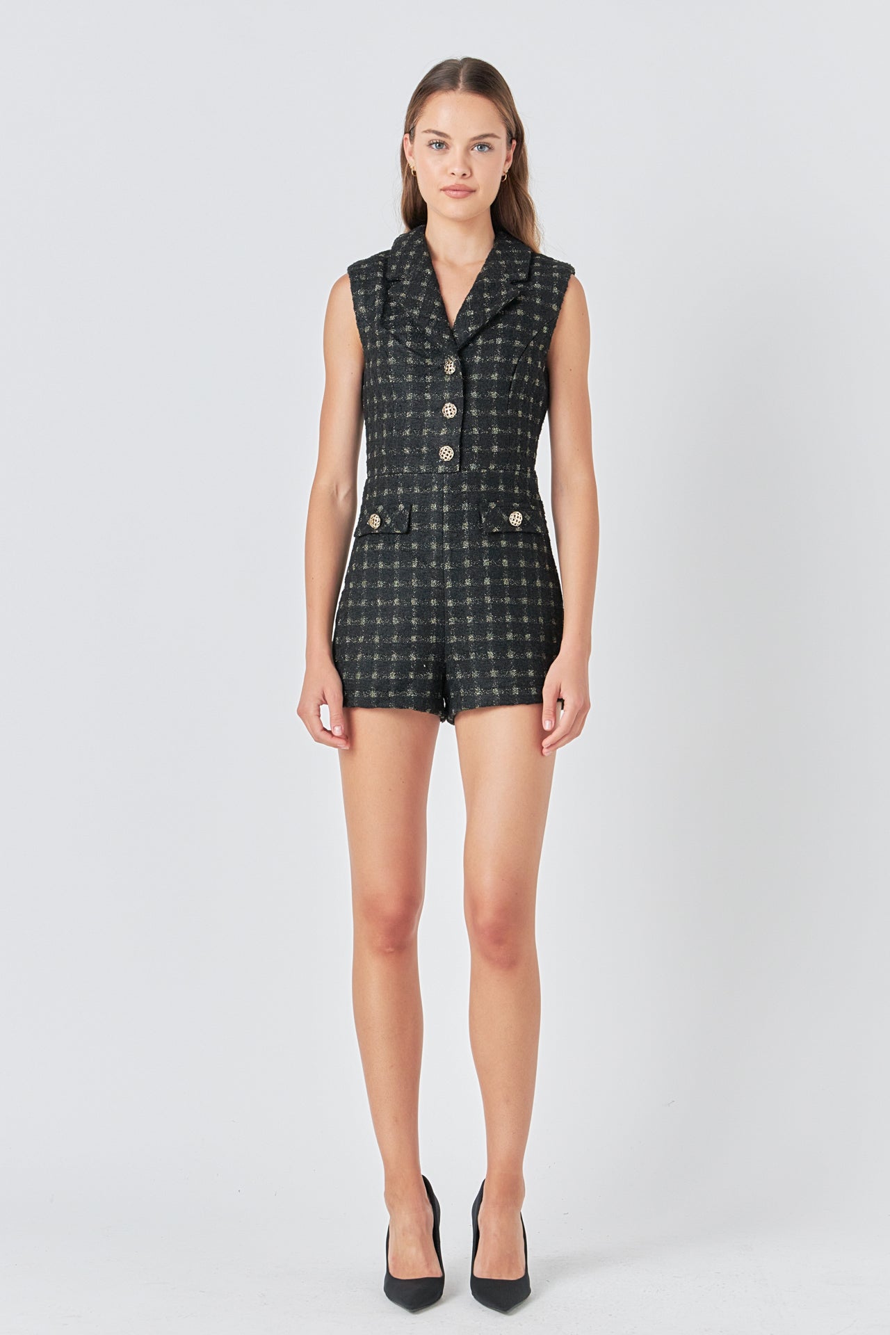 ENDLESS ROSE - Sleeveless Tweed Suited Romper - ROMPERS available at Objectrare