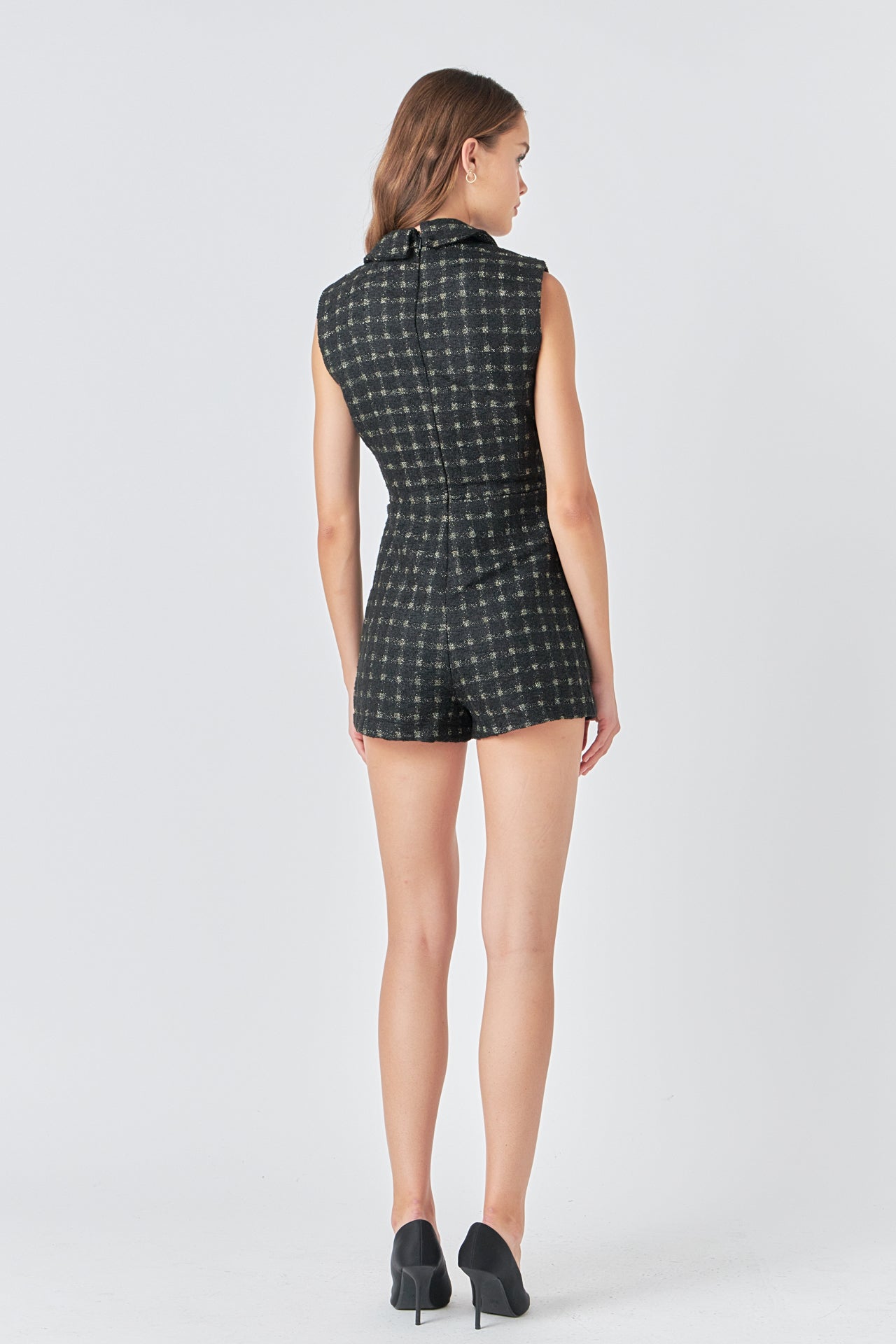 ENDLESS ROSE - Sleeveless Tweed Suited Romper - ROMPERS available at Objectrare