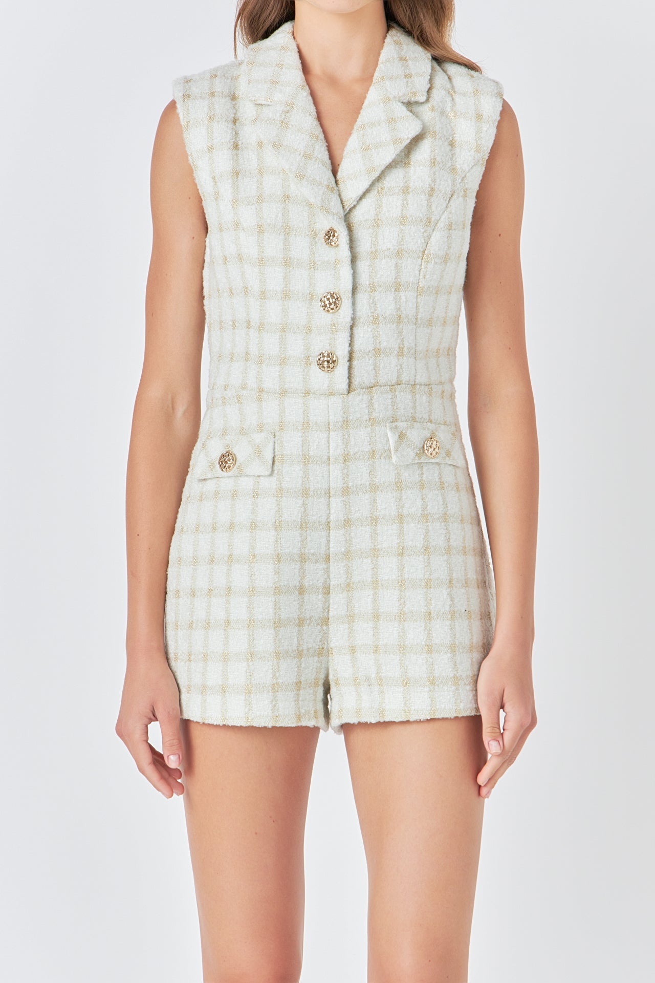 ENDLESS ROSE - Sleeveless Tweed Suited Romper - ROMPERS available at Objectrare