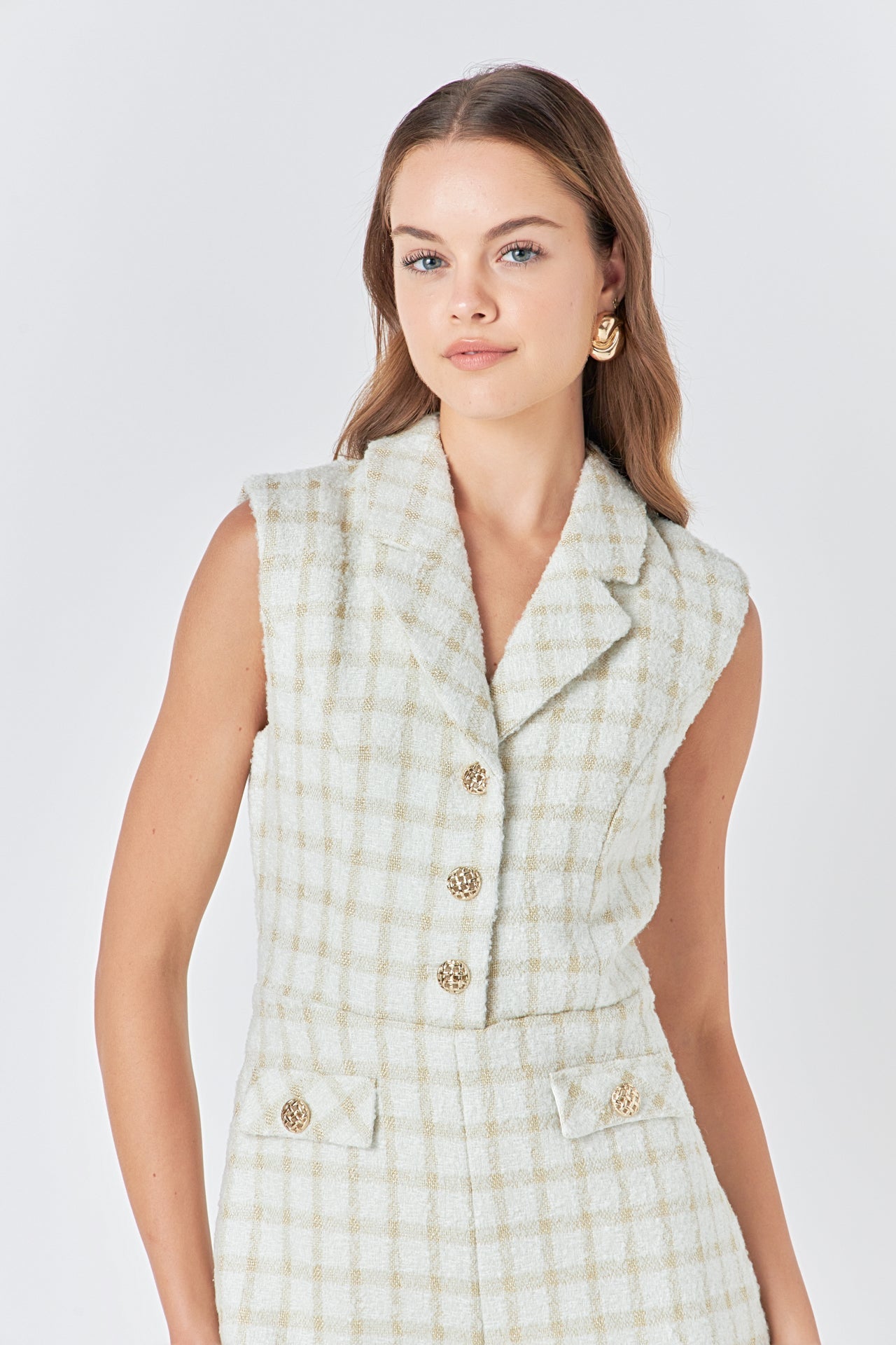 ENDLESS ROSE - Sleeveless Tweed Suited Romper - ROMPERS available at Objectrare