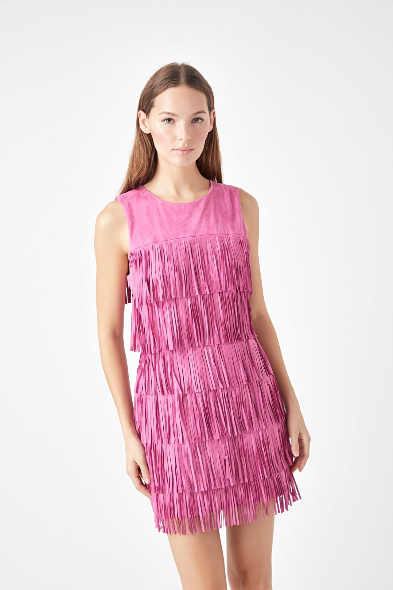 ENDLESS ROSE - Tiered Faux Suede Fringe Mini Dress - DRESSES available at Objectrare