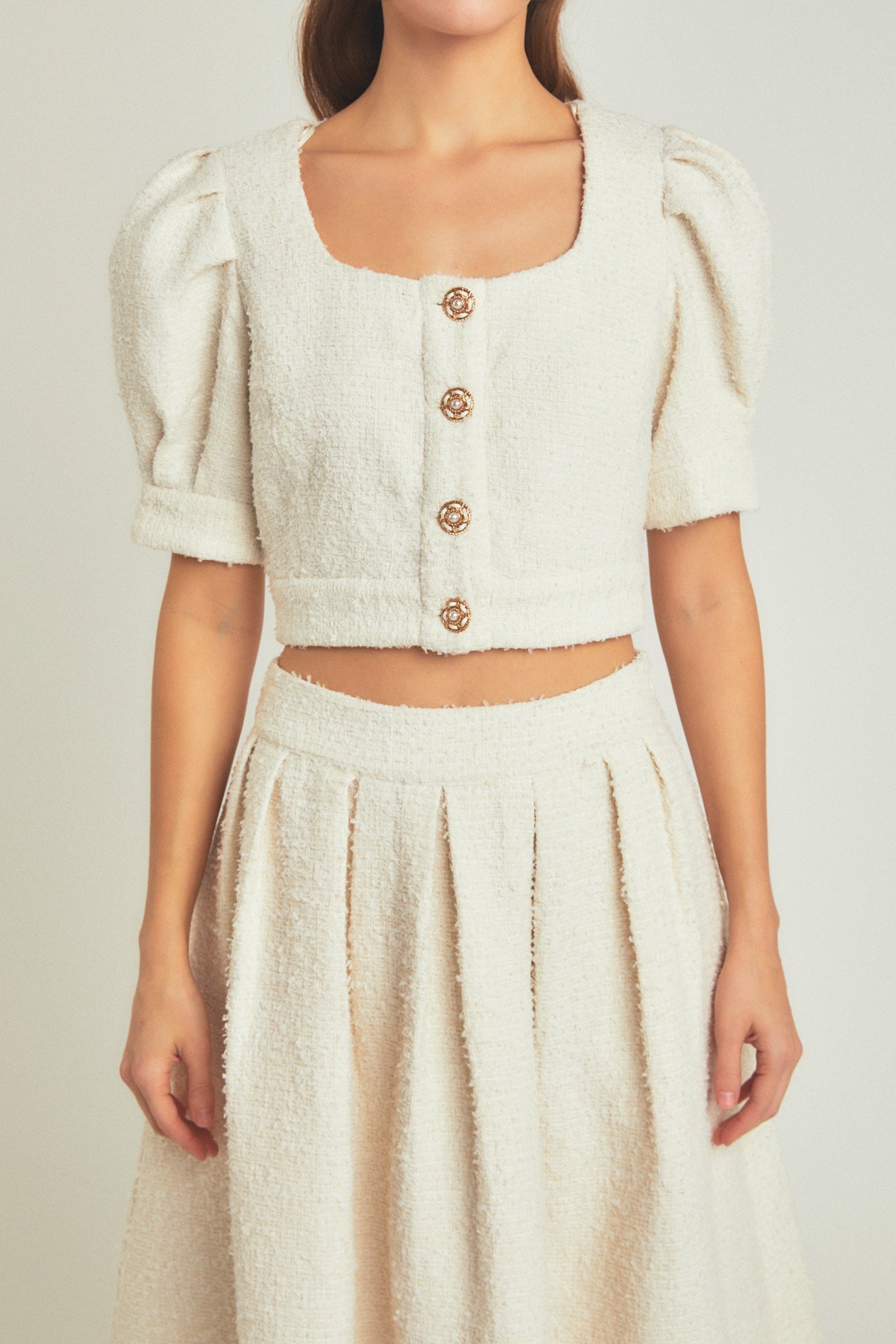 ENDLESS ROSE - Premium Cropped Tweed Puff Sleeve Top - TOPS available at Objectrare