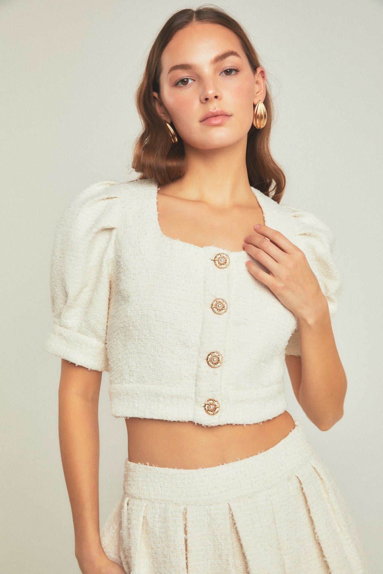 ENDLESS ROSE - Premium Cropped Tweed Puff Sleeve Top - TOPS available at Objectrare