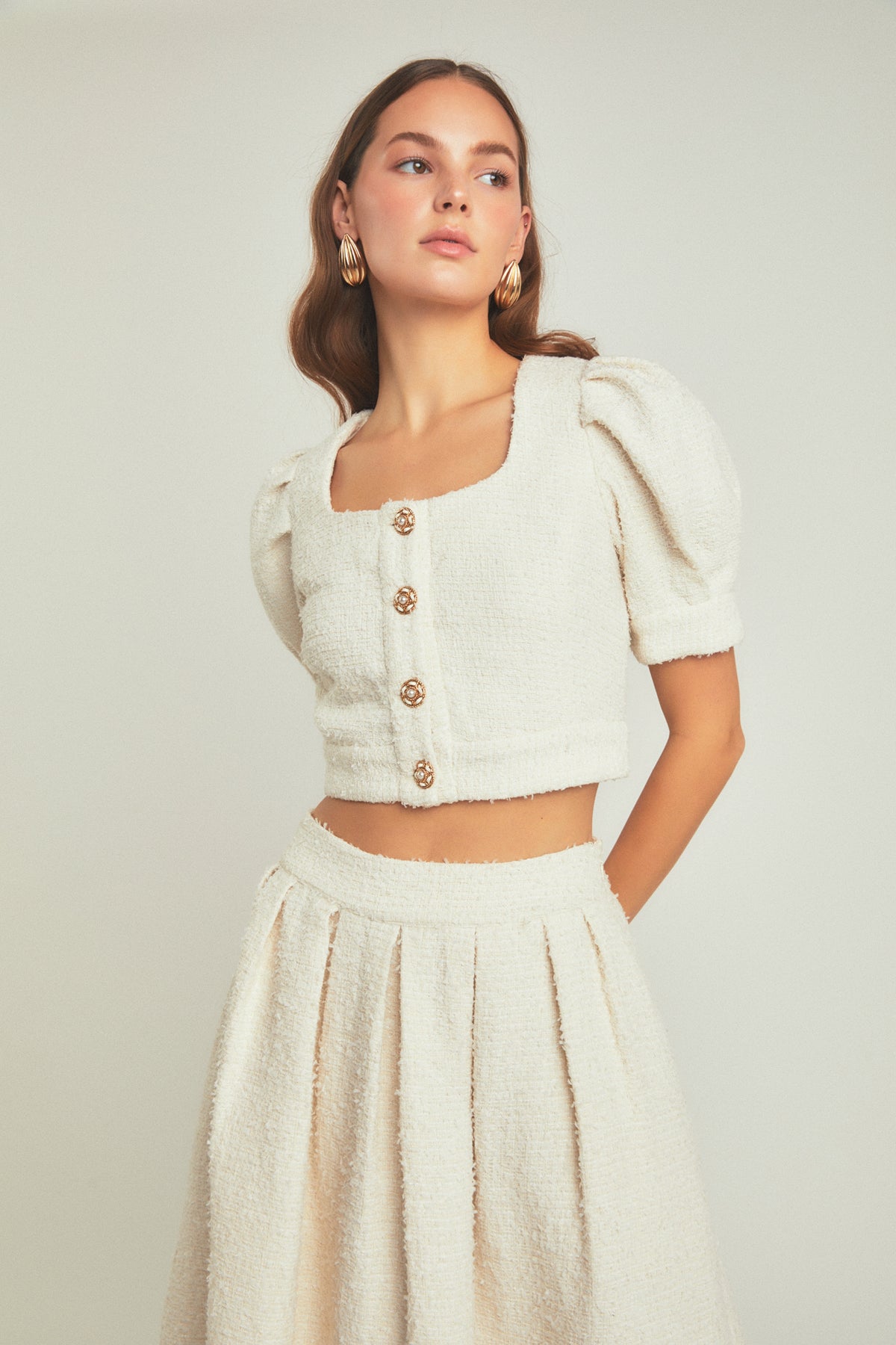 ENDLESS ROSE - Cropped Tweed Puff Sleeve Top - TOPS available at Objectrare