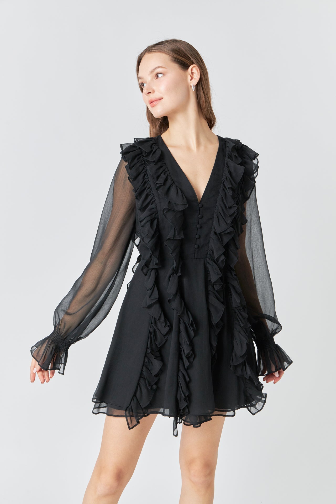 ENDLESS ROSE - Chiffon Long-Sleeve Ruffle Mini Dress - DRESSES available at Objectrare