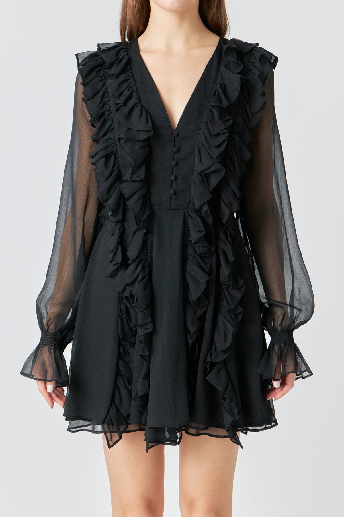 ENDLESS ROSE - Chiffon Long-Sleeve Ruffle Mini Dress - DRESSES available at Objectrare