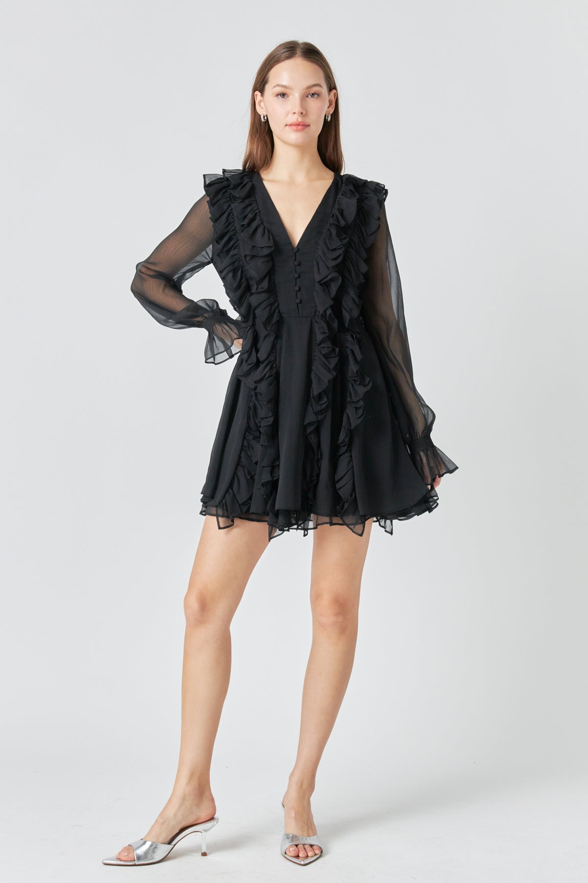 ENDLESS ROSE - Chiffon Long-Sleeve Ruffle Mini Dress - DRESSES available at Objectrare